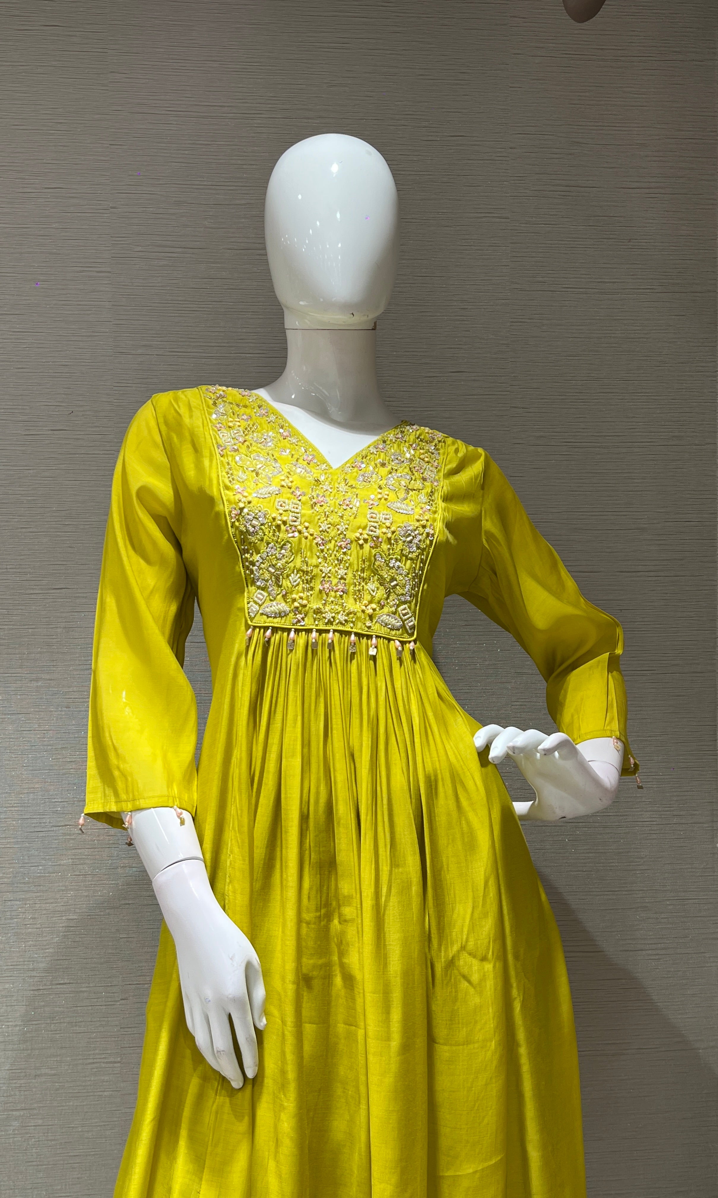 Light yellow EMBROIDERED MUL CHANDERI KURTA SET