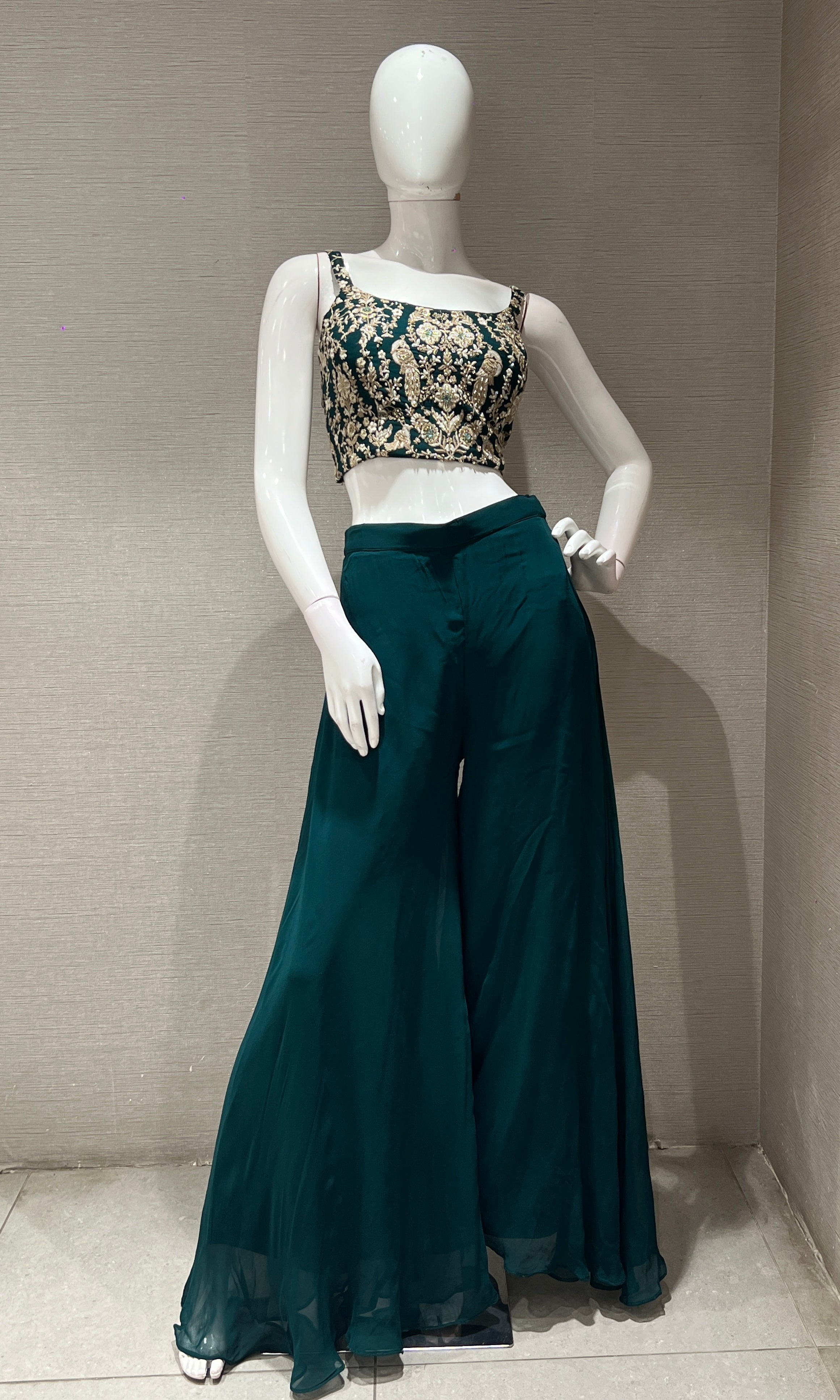 Green EMBROIDERED palazzo SET WITH JACKET