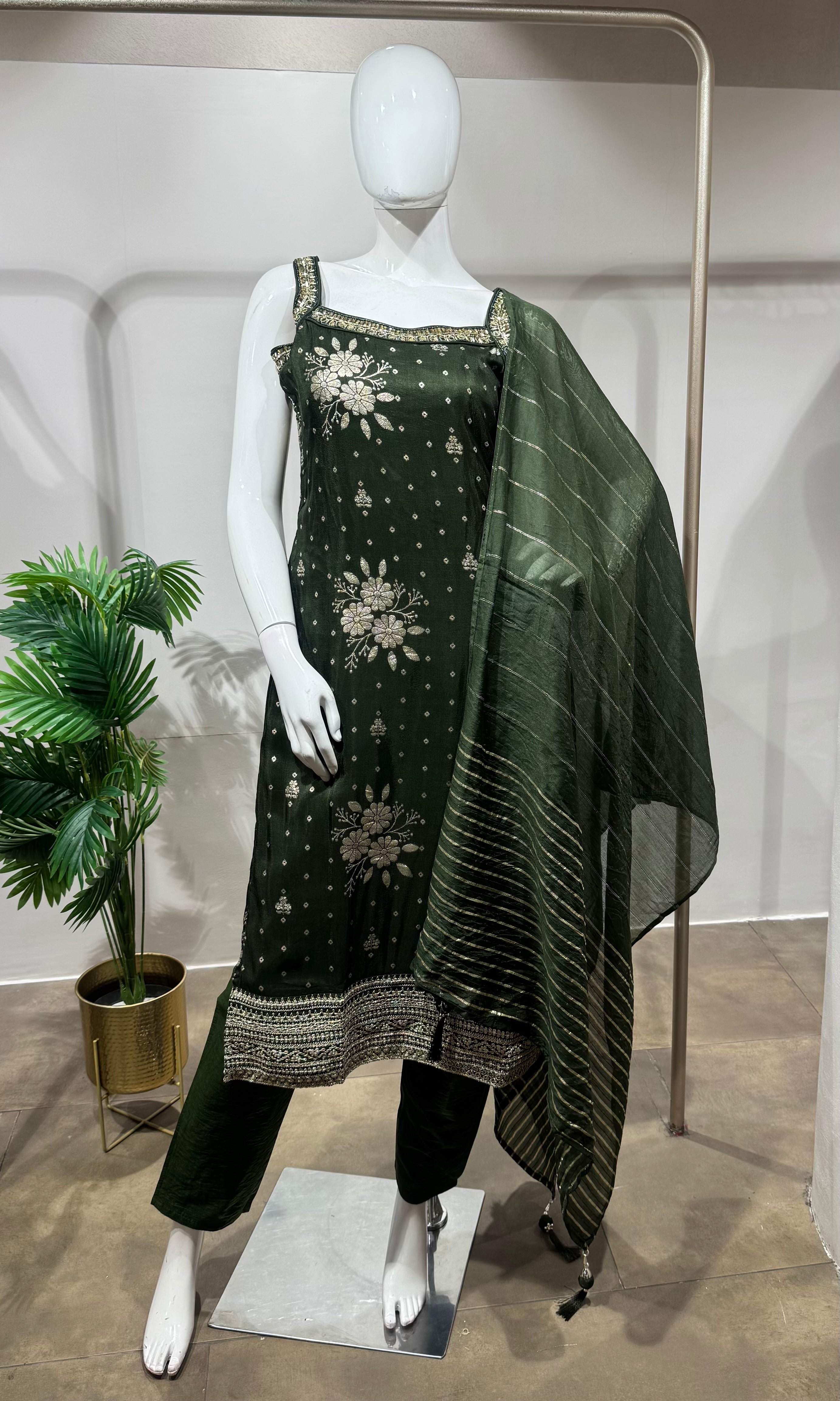 Green Embroidered Silk kurta set