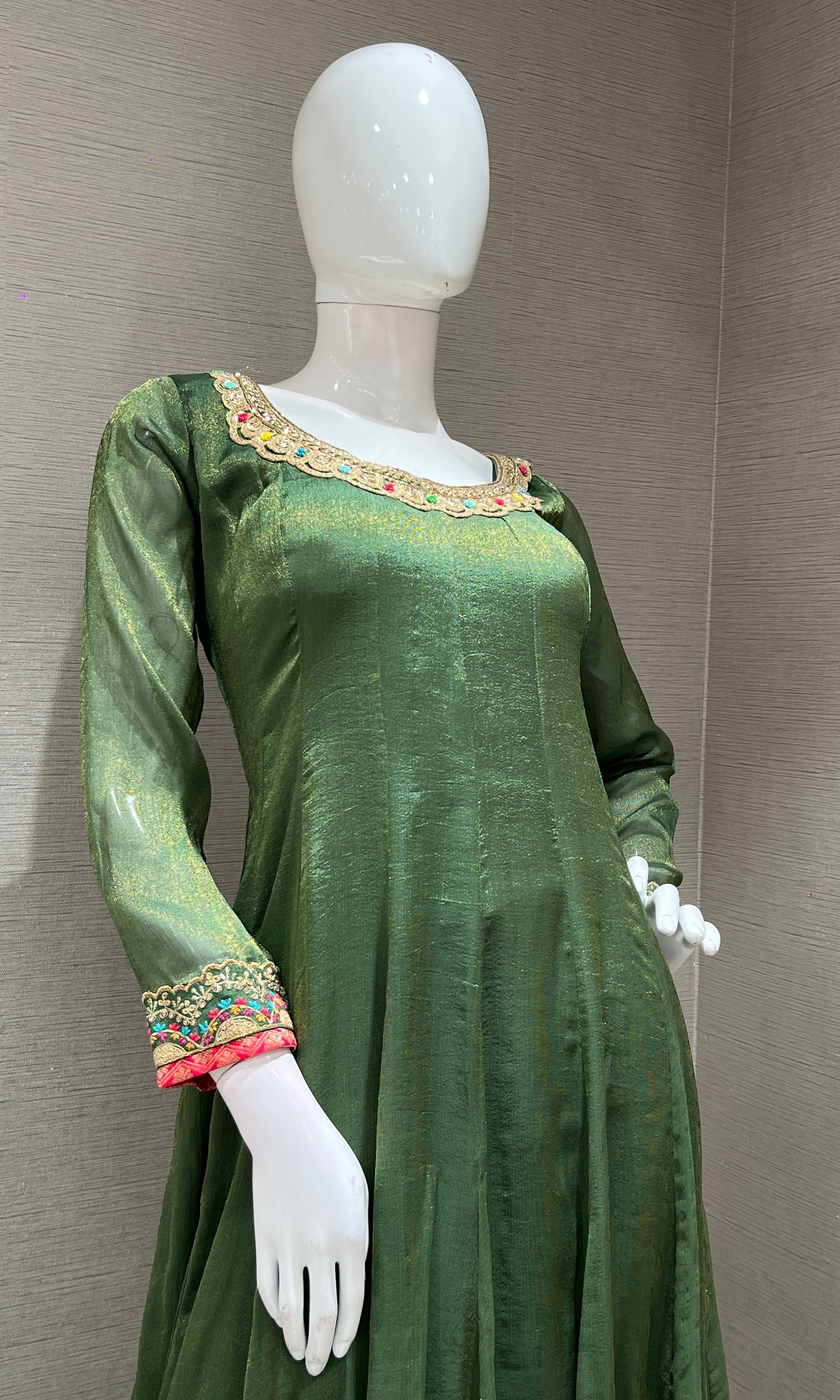 BOTTLE green ANARKALI WITH PRINTED DUPATTA