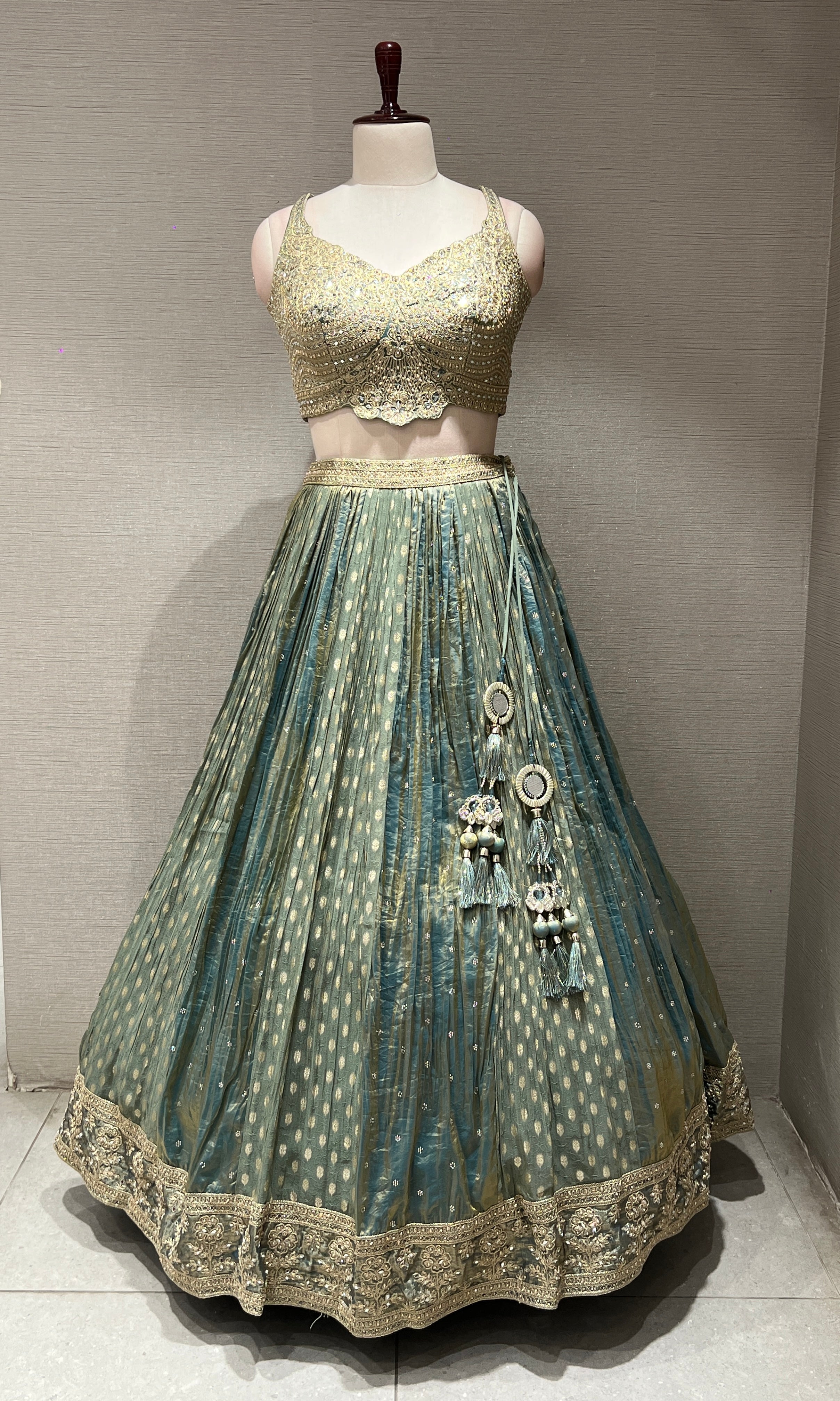 GREEN SILK GOLDEN EMBROIDERED LEHENGA