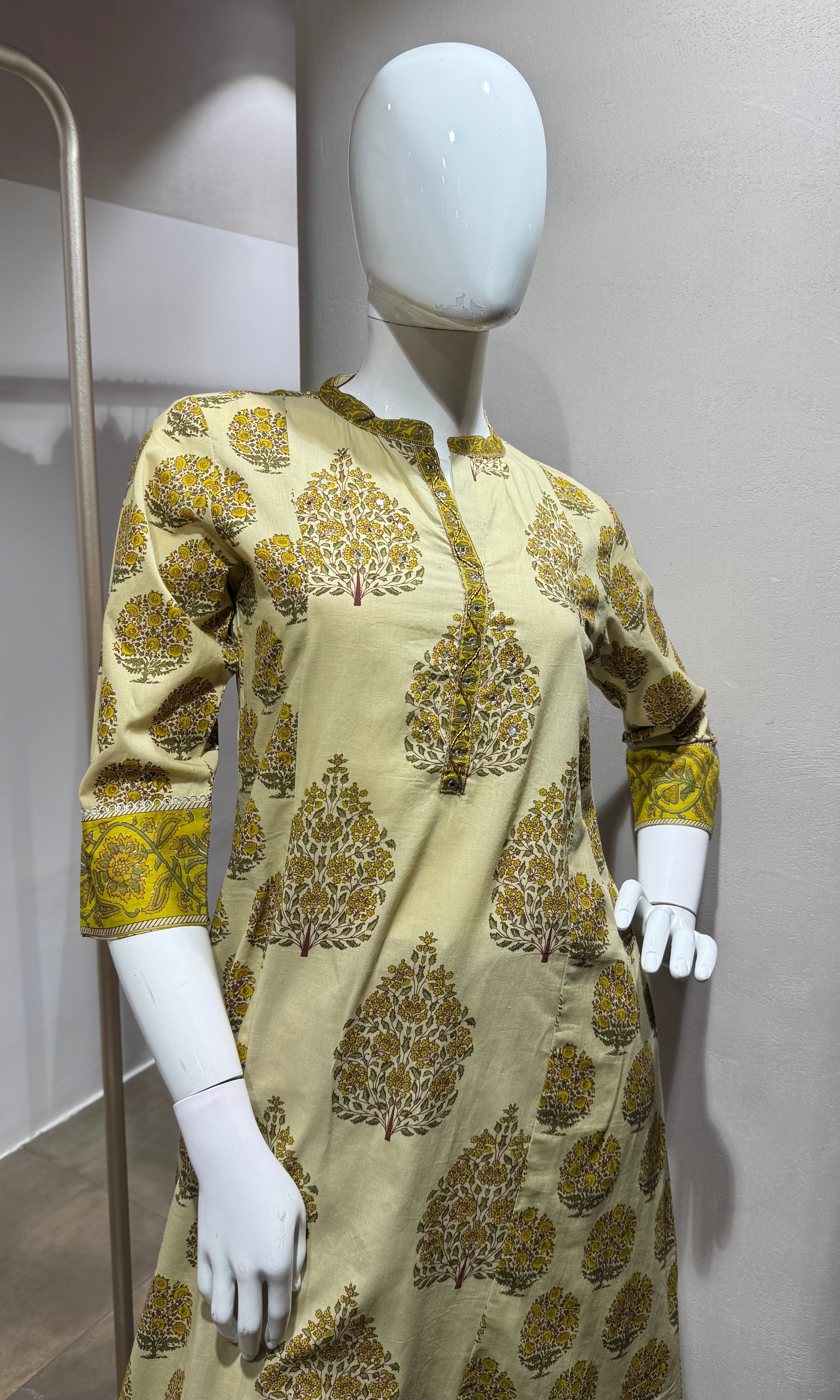 Yellow Floral Print Cotton Kurta Set with Dupatta