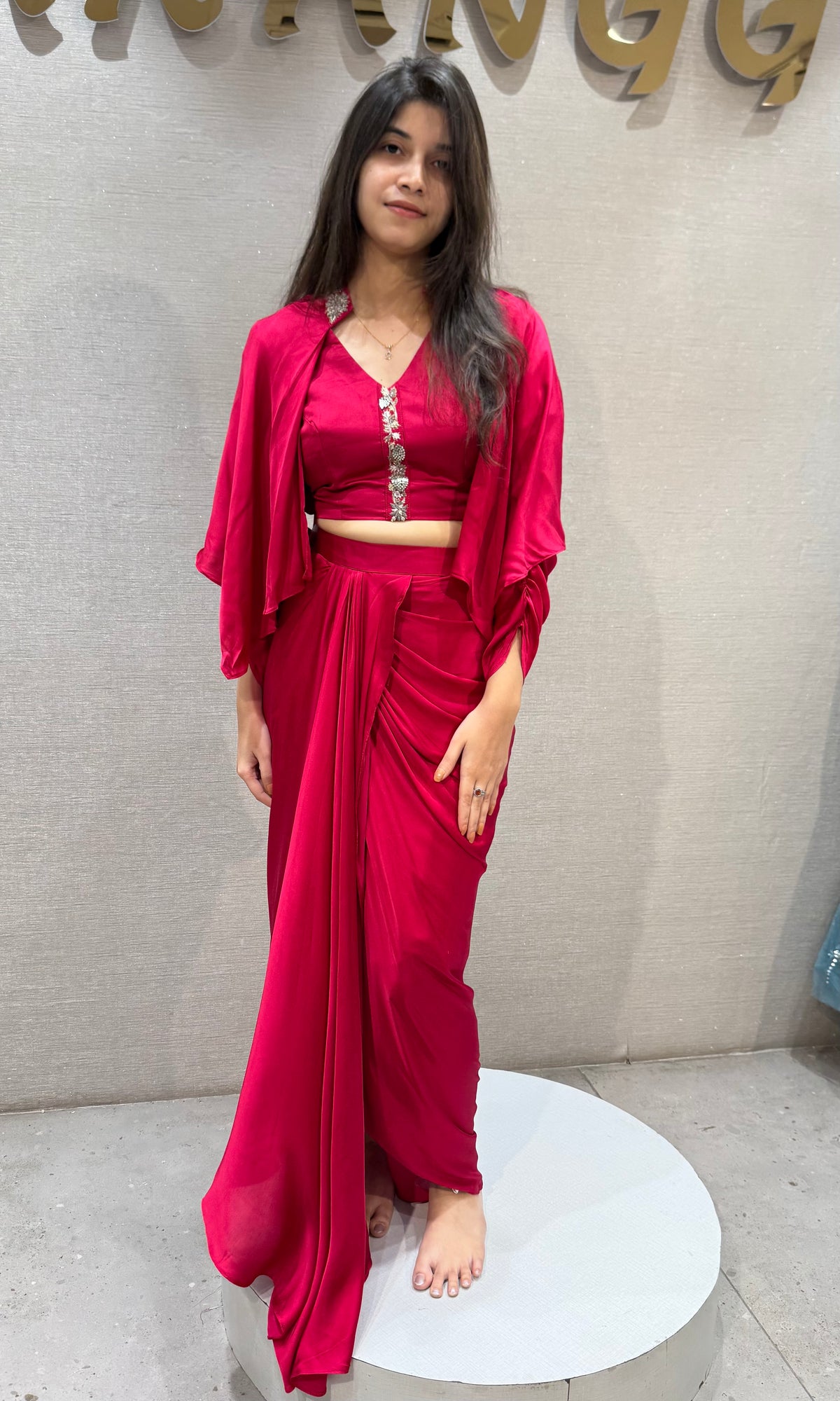 Pink Satin Crepe Draped Skirt Set with Embellished Crop Top & Shrug