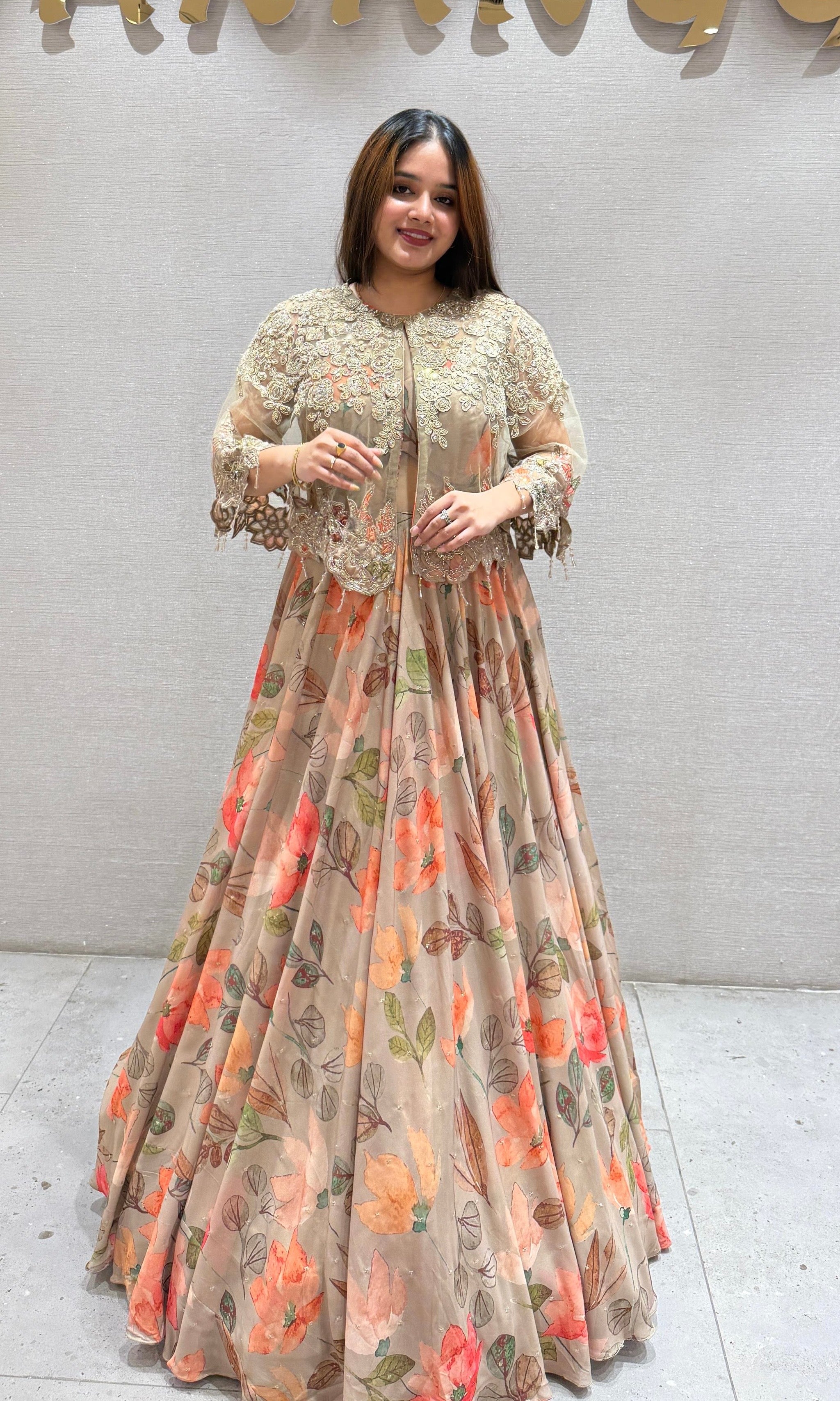 Brown floral with over coat Lehenga