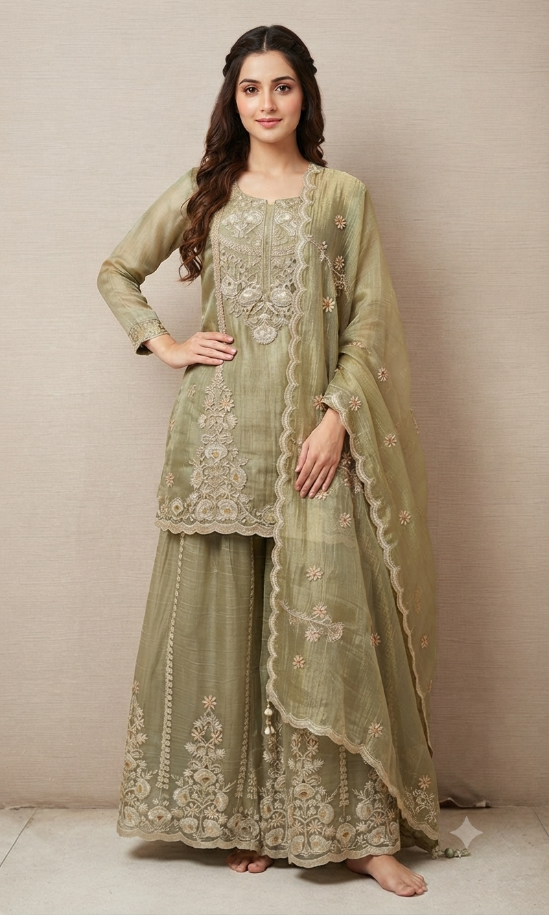 Pista green Shimmer gold embroidered Sharara Set