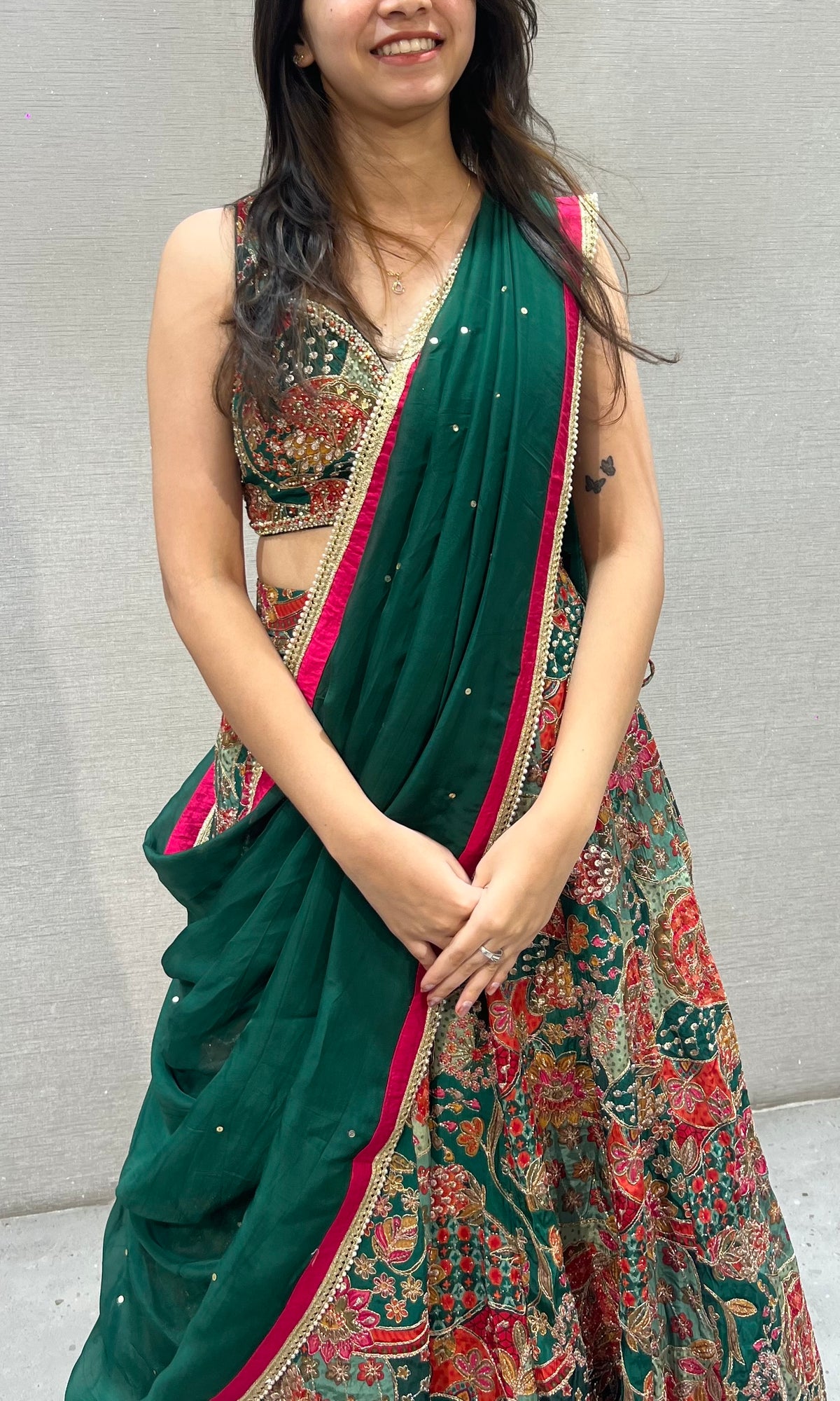 Green silk Intricate floral printed lehenga set