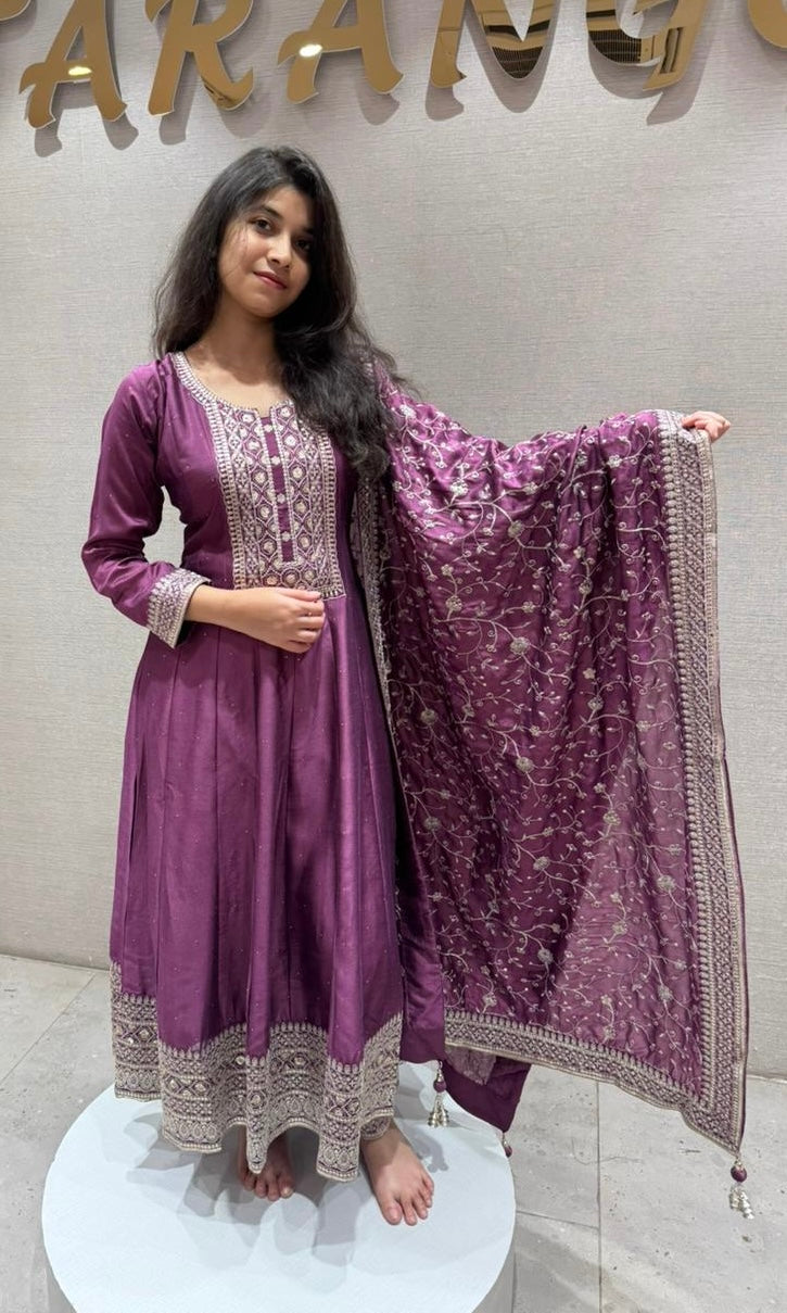 Violet  Graceful Anarkali Kurta Set with Dupatta