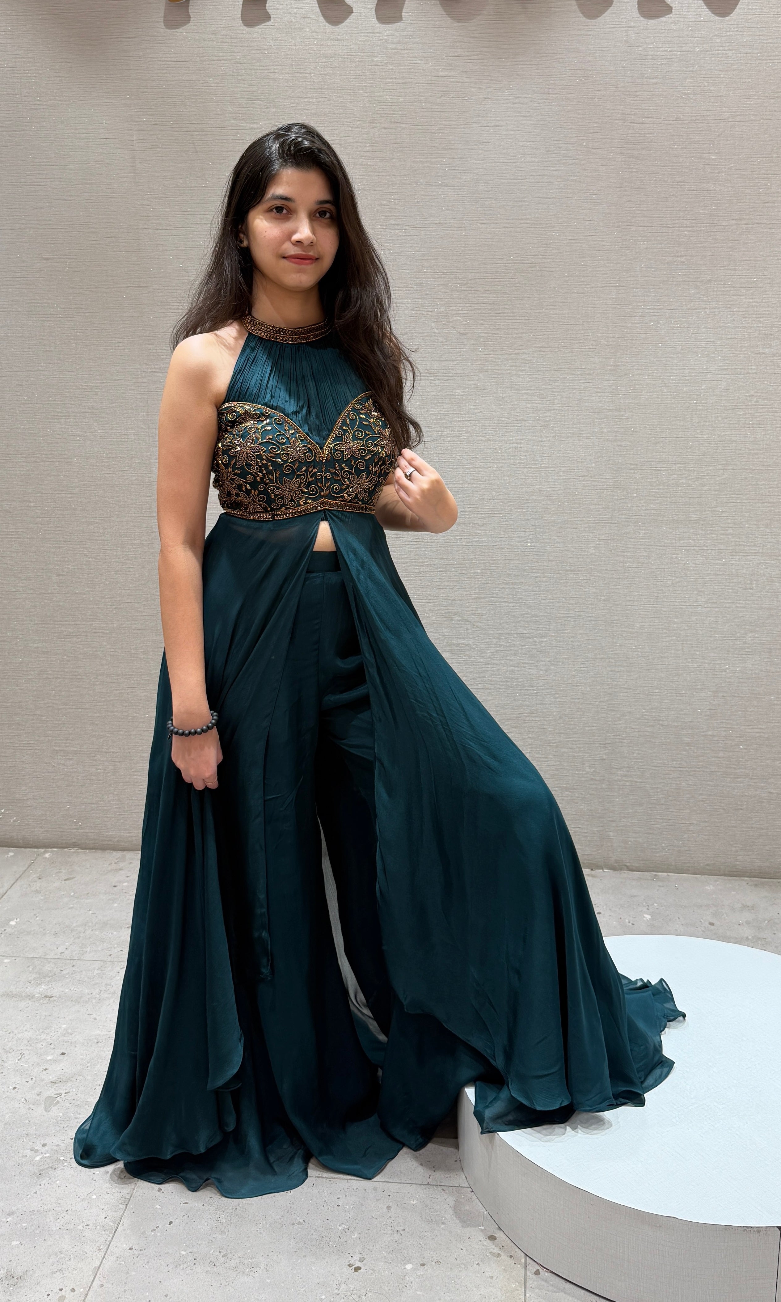 Peacock blue halter neck front silt gown