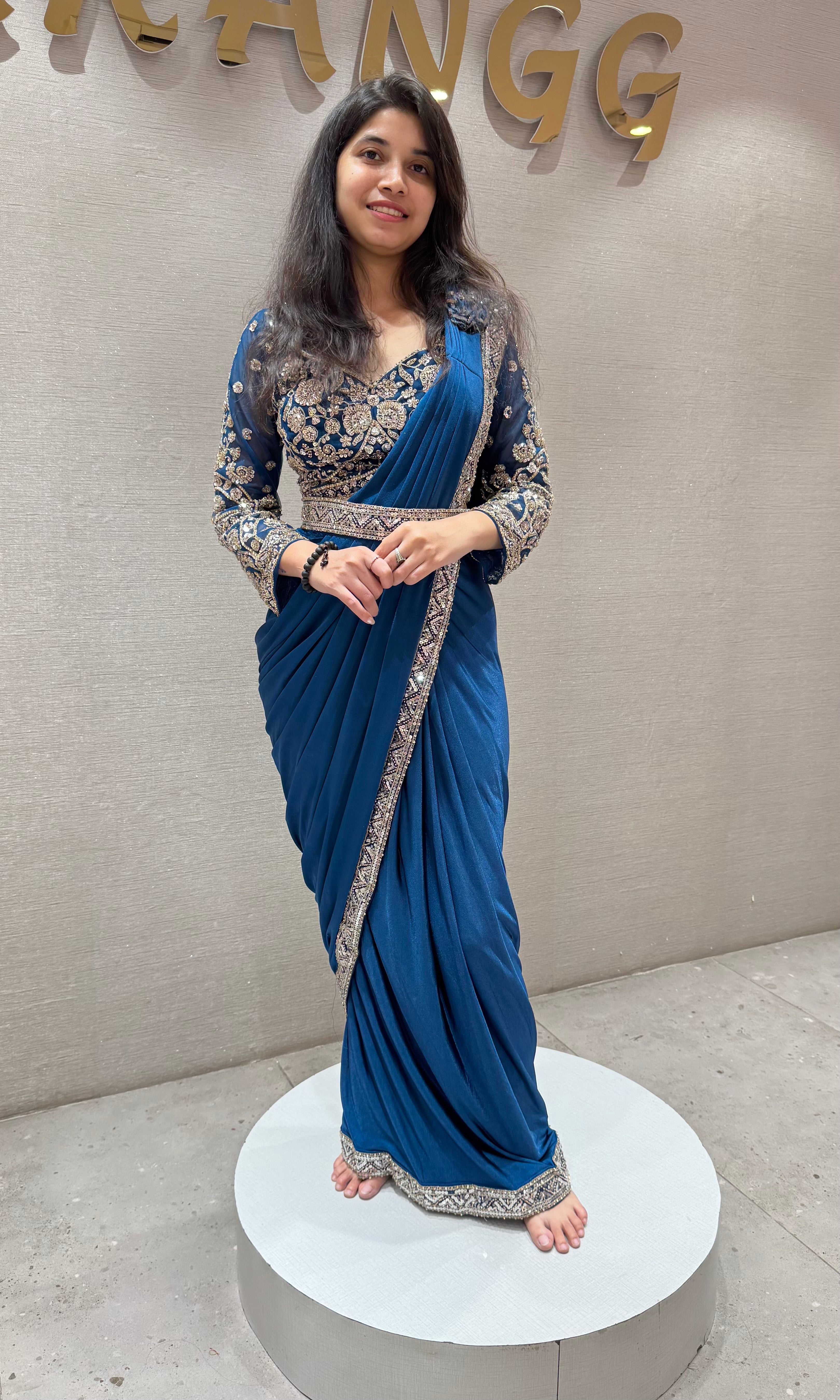 Blue drape saree WITH EMBROIDERED BLOUSE