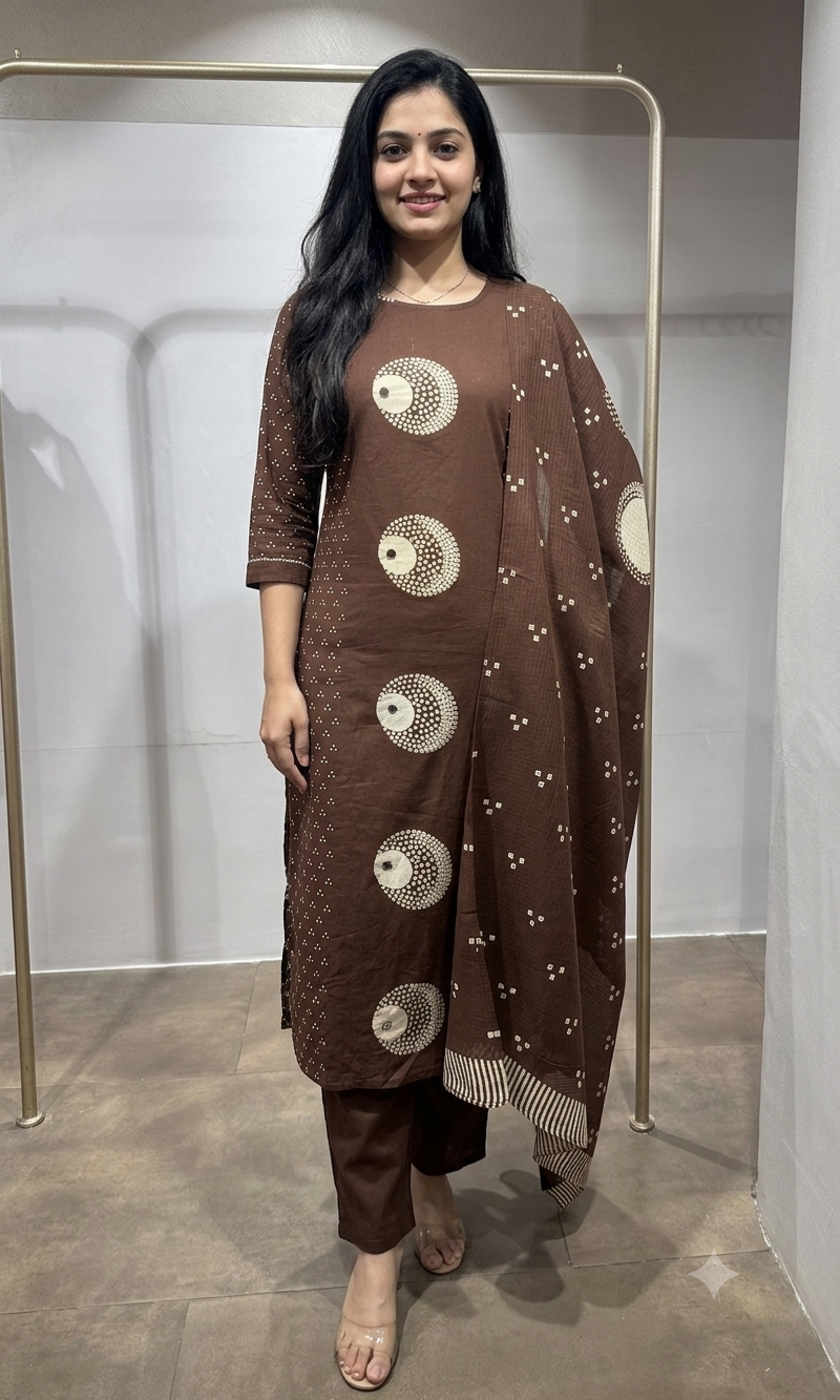 Brown Cotton Bandhani Straight KURTA SET