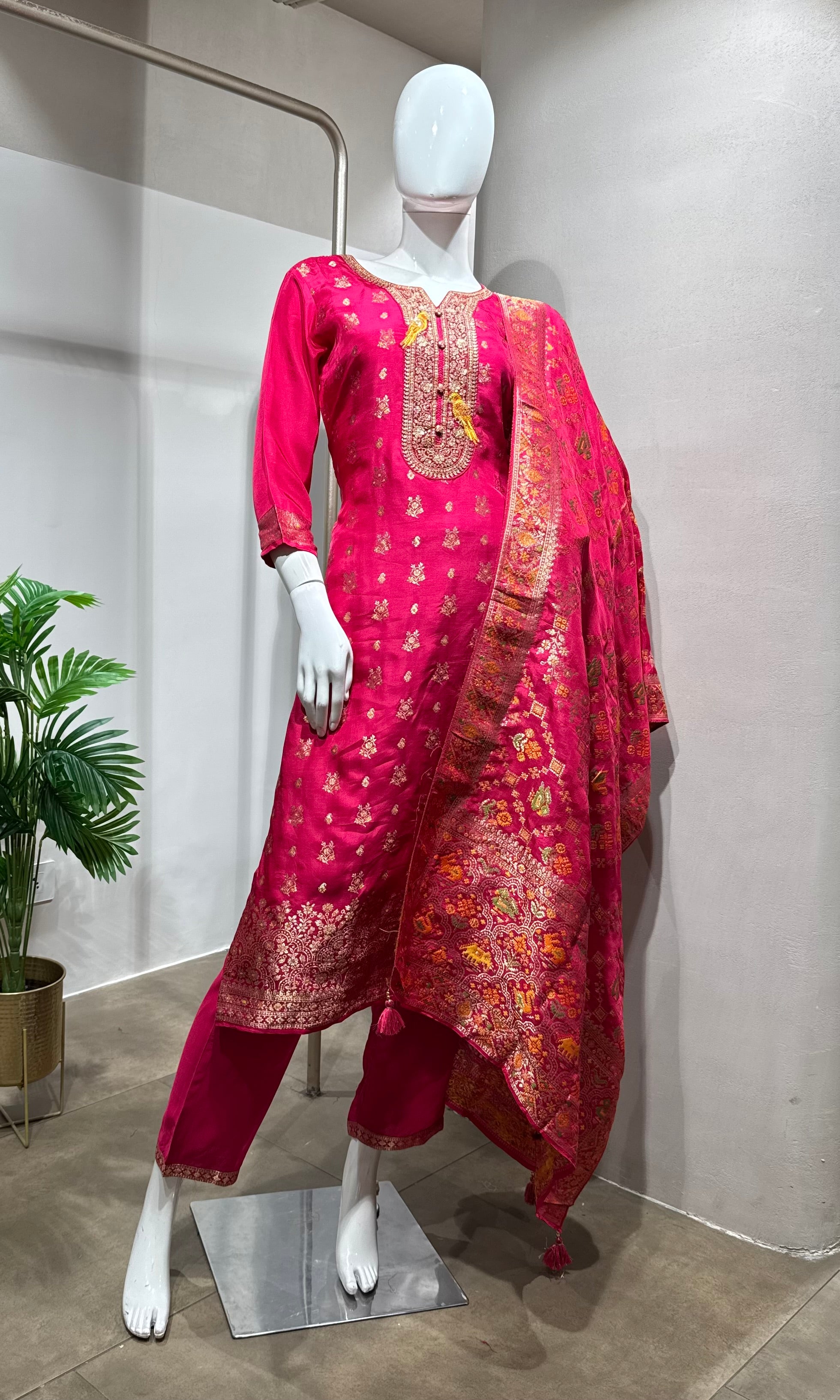 Pink Paithani art silk kurta set with dupatta