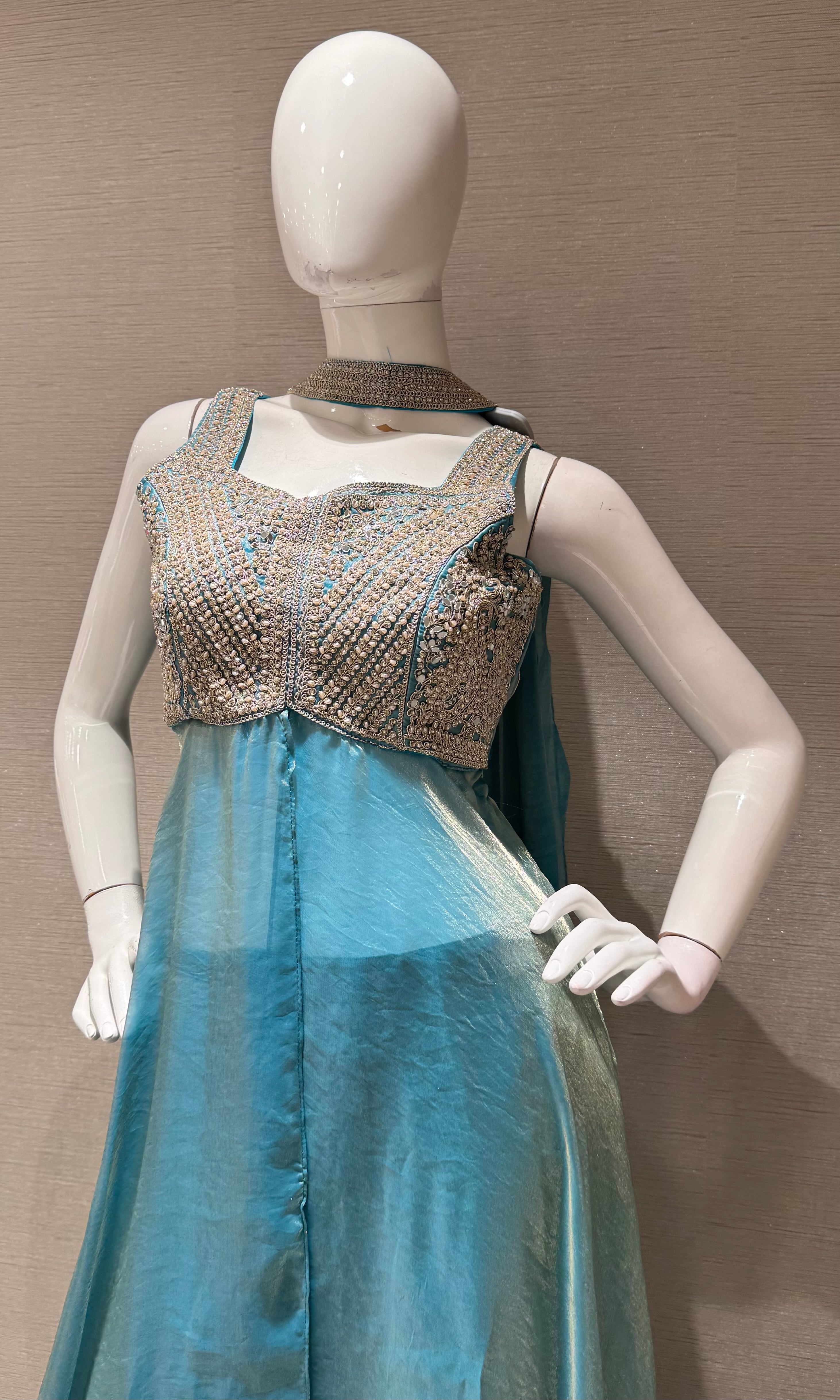 Blue embroidered shimmer tissue palazzo set