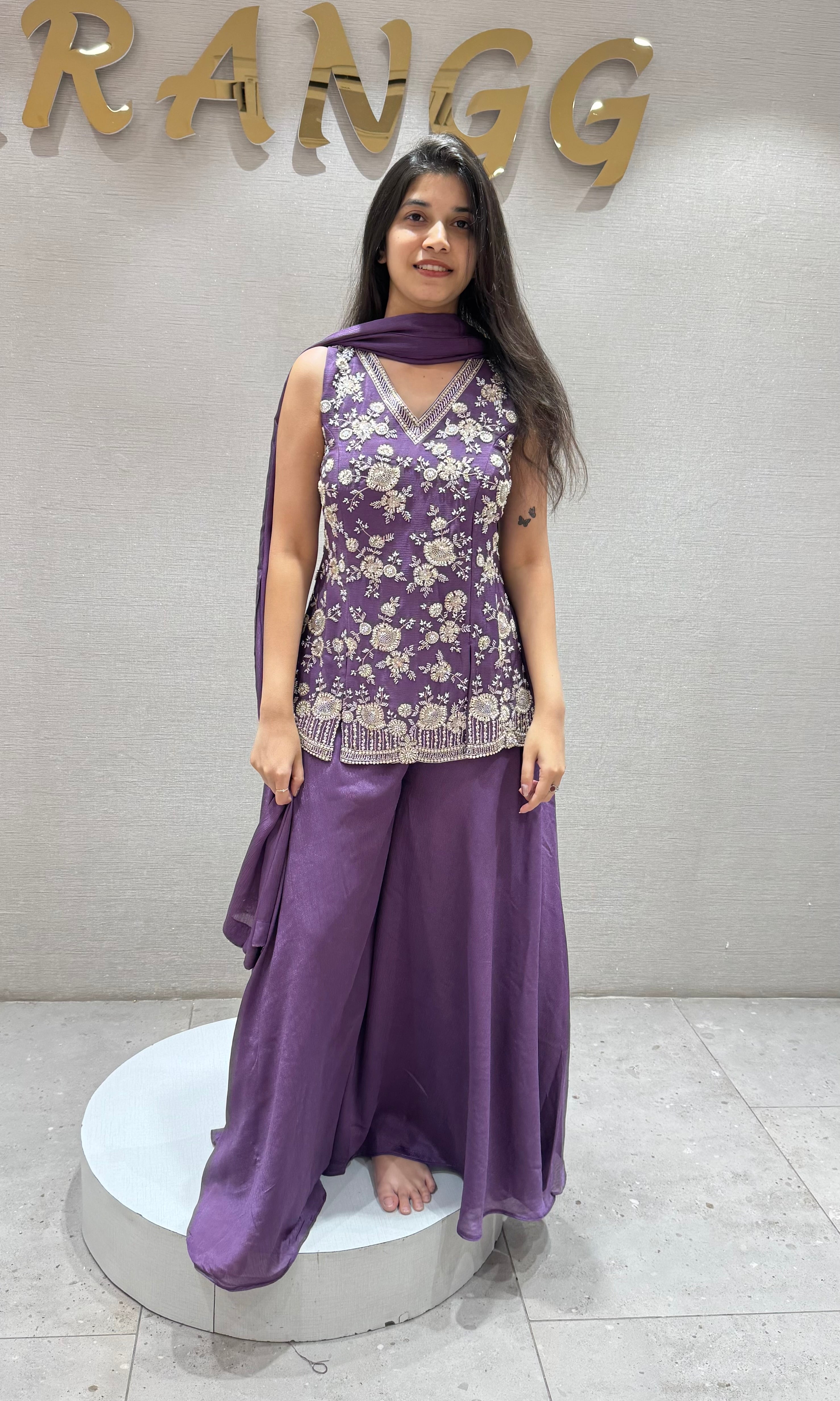 Purple floral embroidery palazzo set