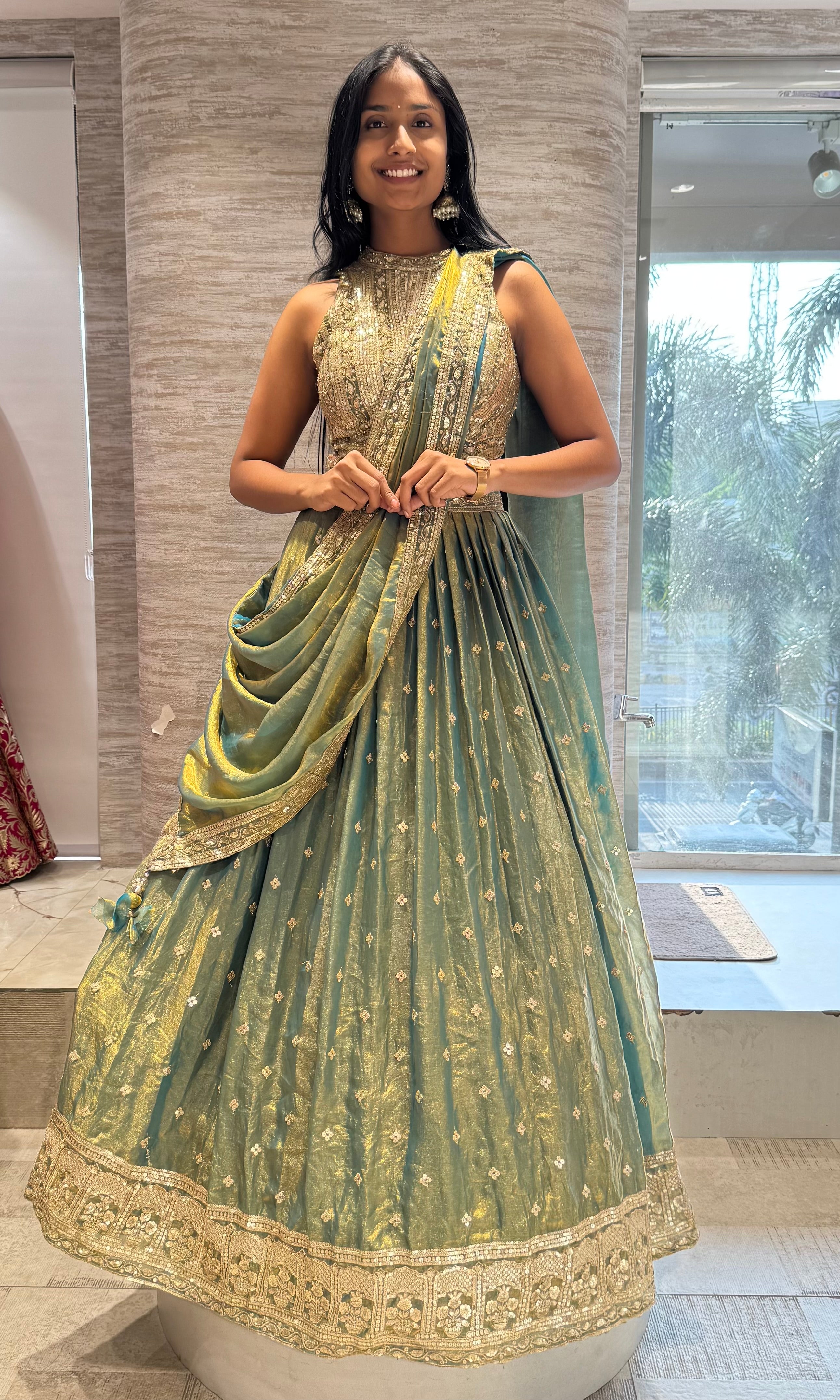 Mehandi Green Tissue Silk Lehenga with blouse