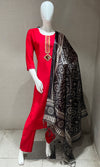 red kurta set with contrast dupatta