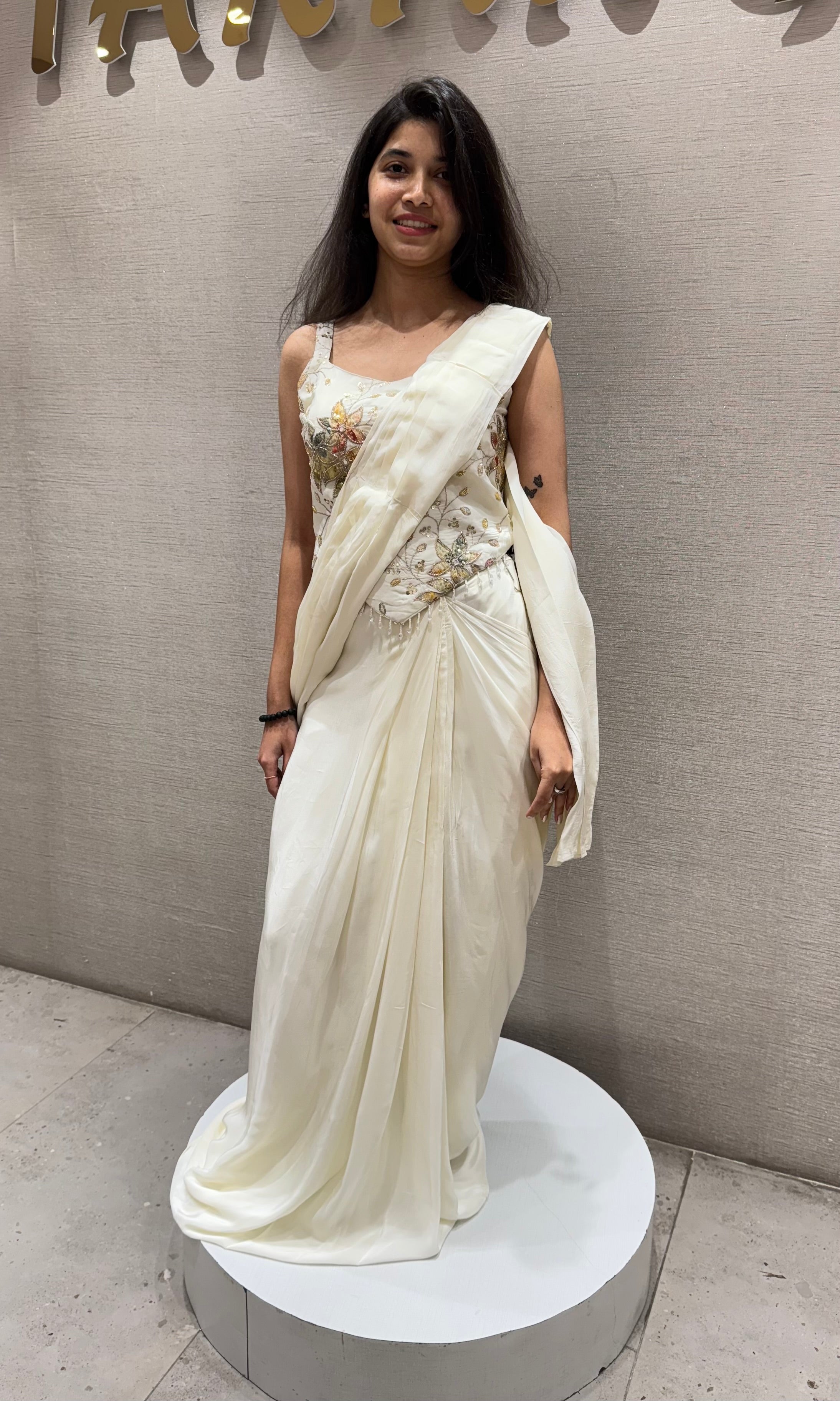 Cream drape saree WITH FLORAL BLOUSE