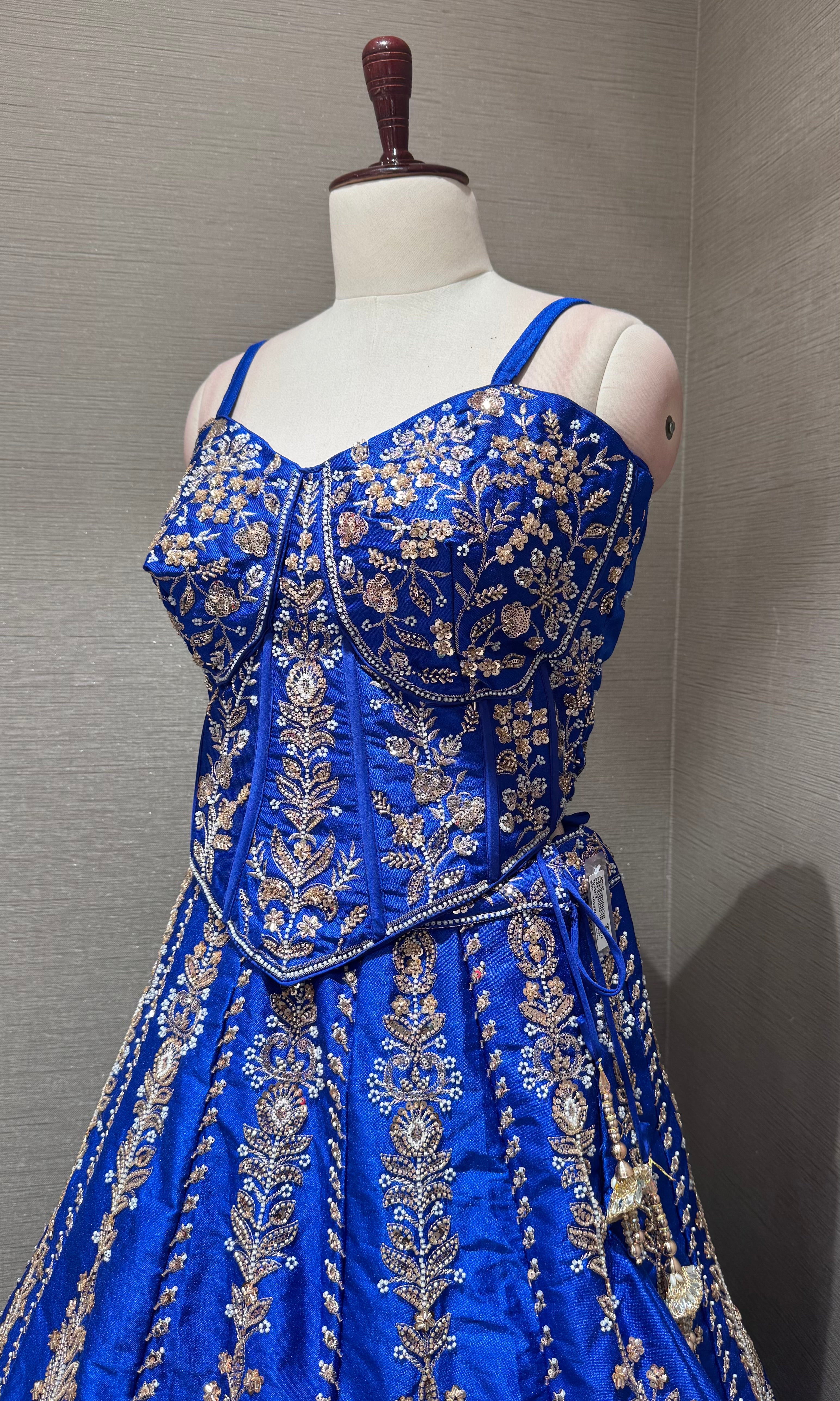 Royal blue embroidered peplum crop top lehenga