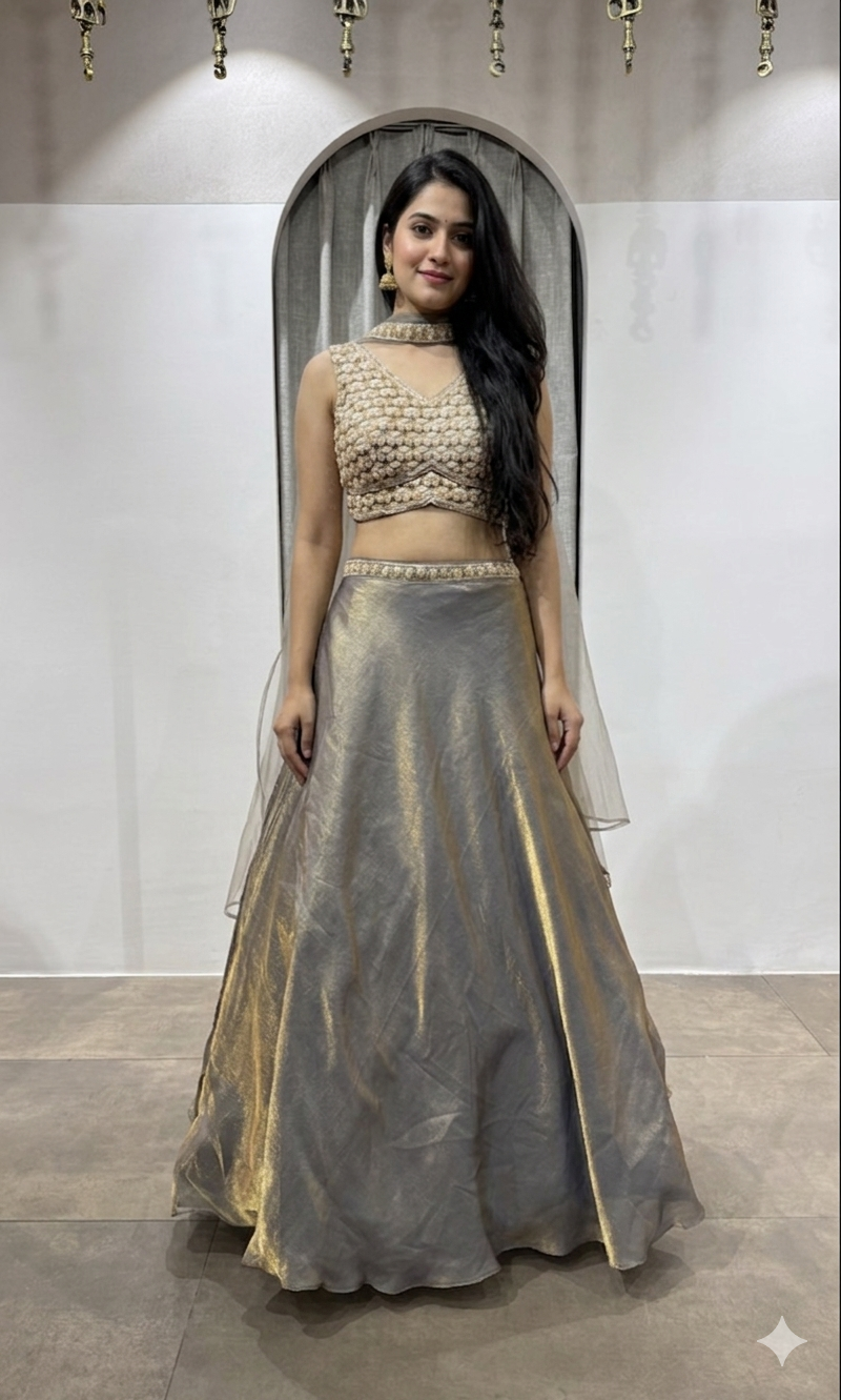 BROWN GOLDEN LEHENGA WITH EMBROIDERED BLOUSE