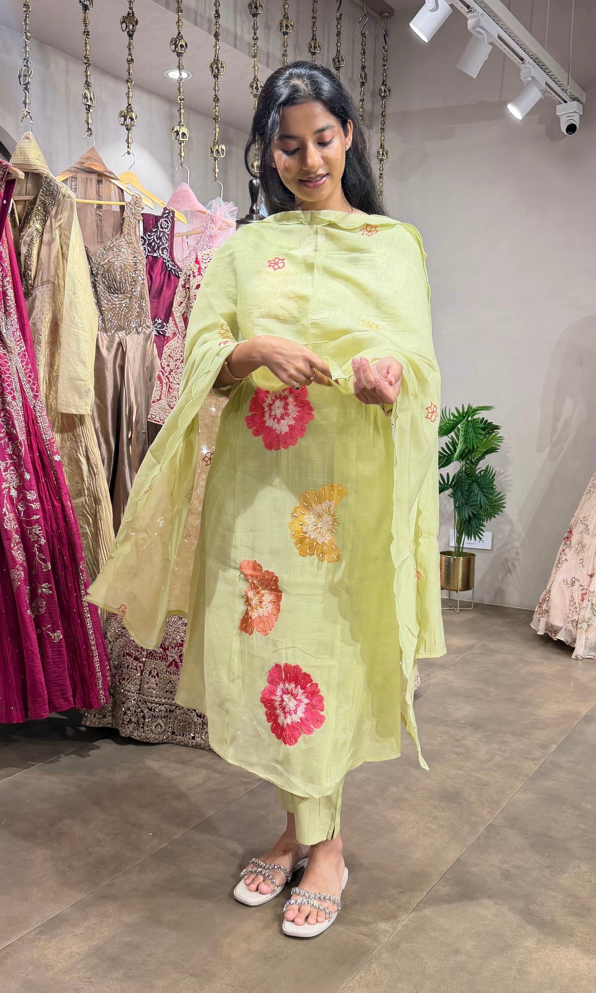 pista green floral printed kurta set