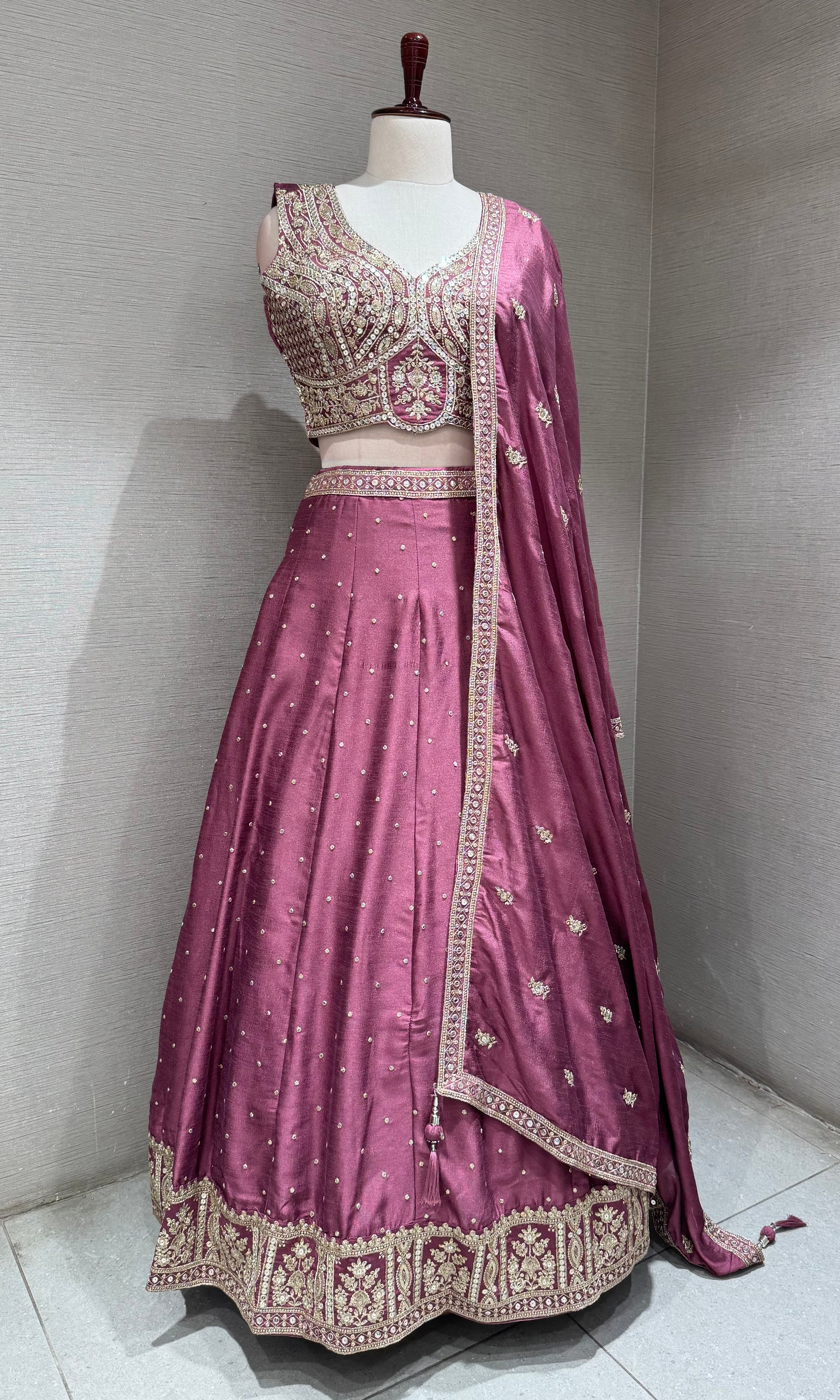 Wine Blossom Embroidered Crop Top Lehenga