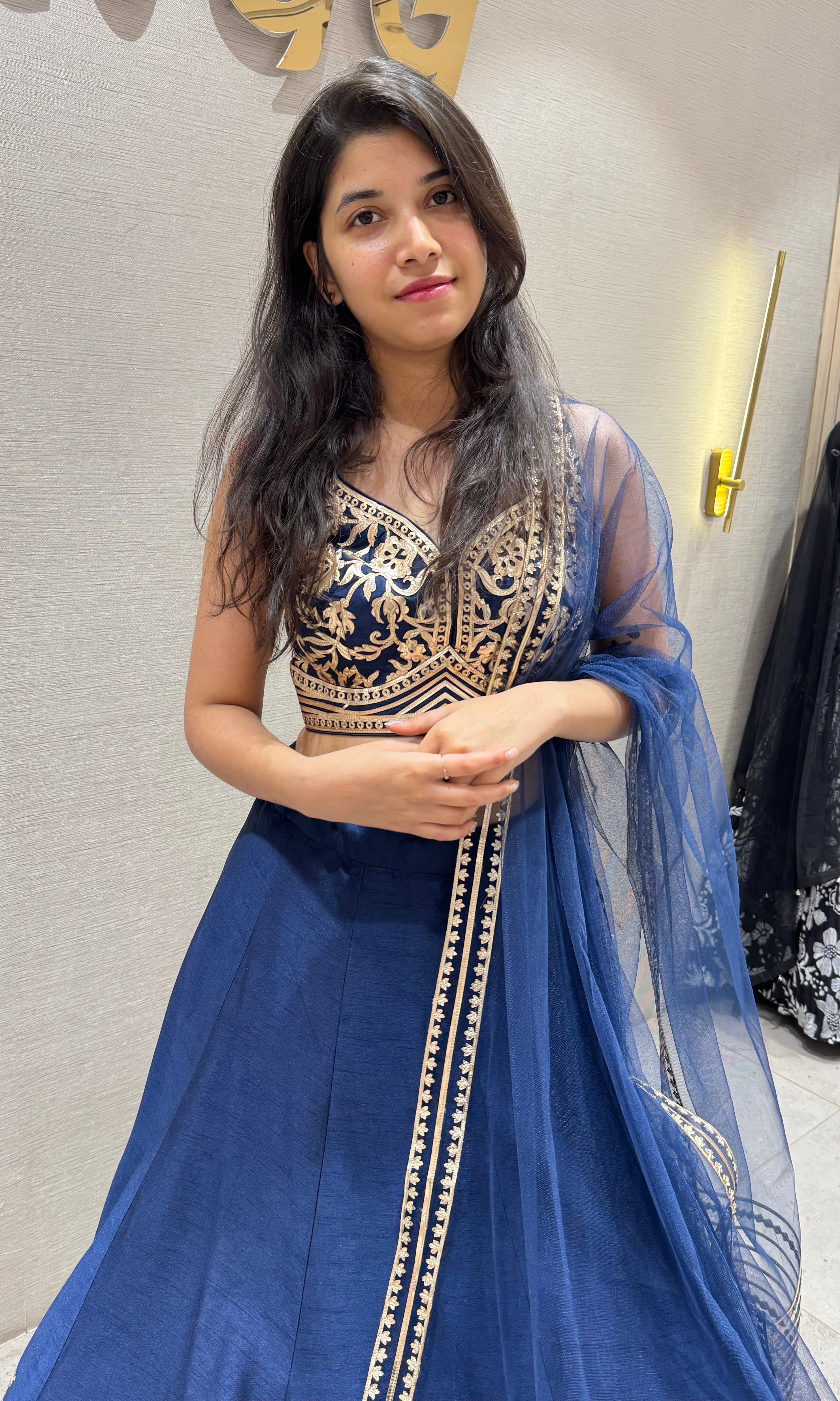 Navy blue GOLDEN FLORAL EMBROIDERED LEHENGA