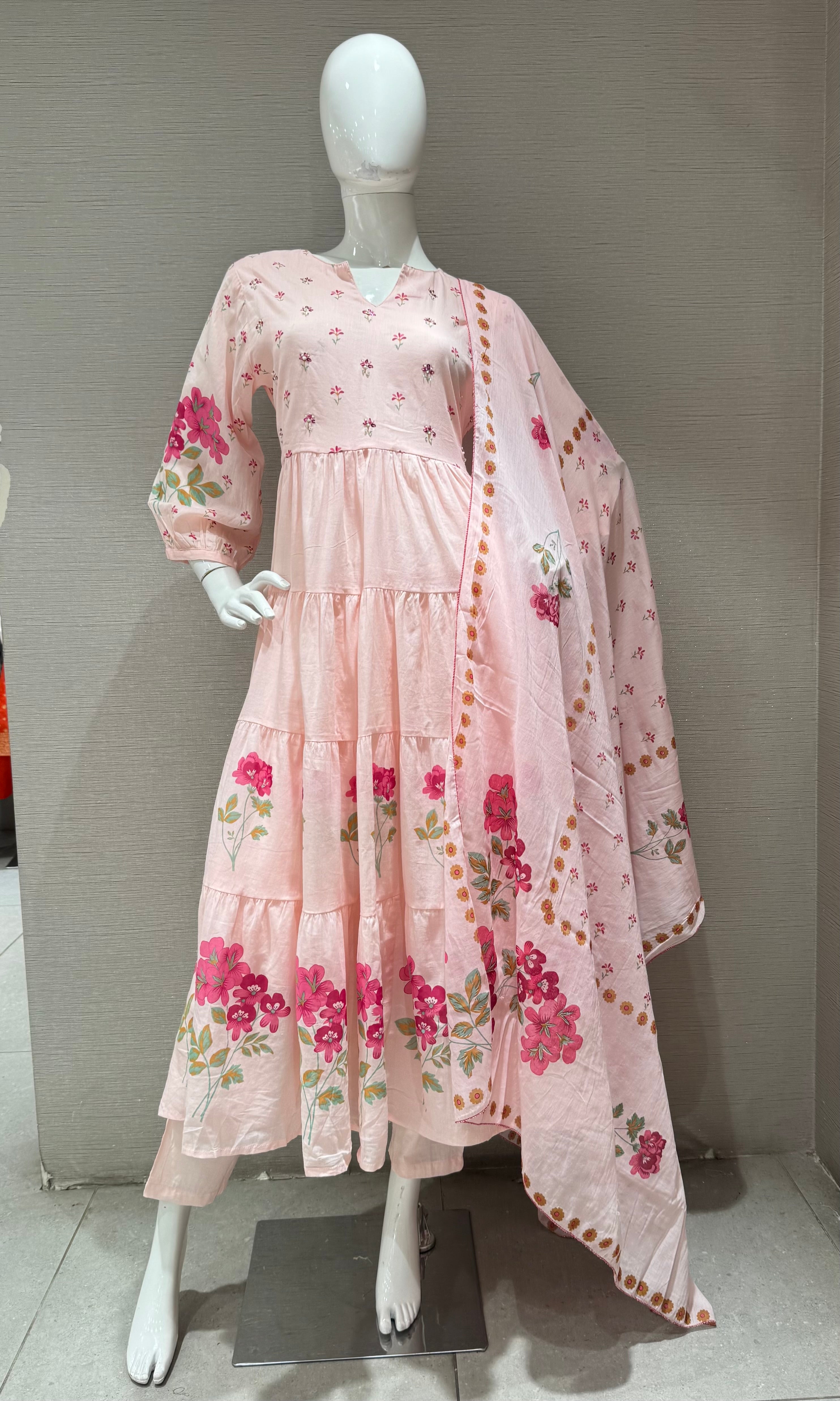 Pink Floral Print Tiered Ethnic Anarkali kurta set