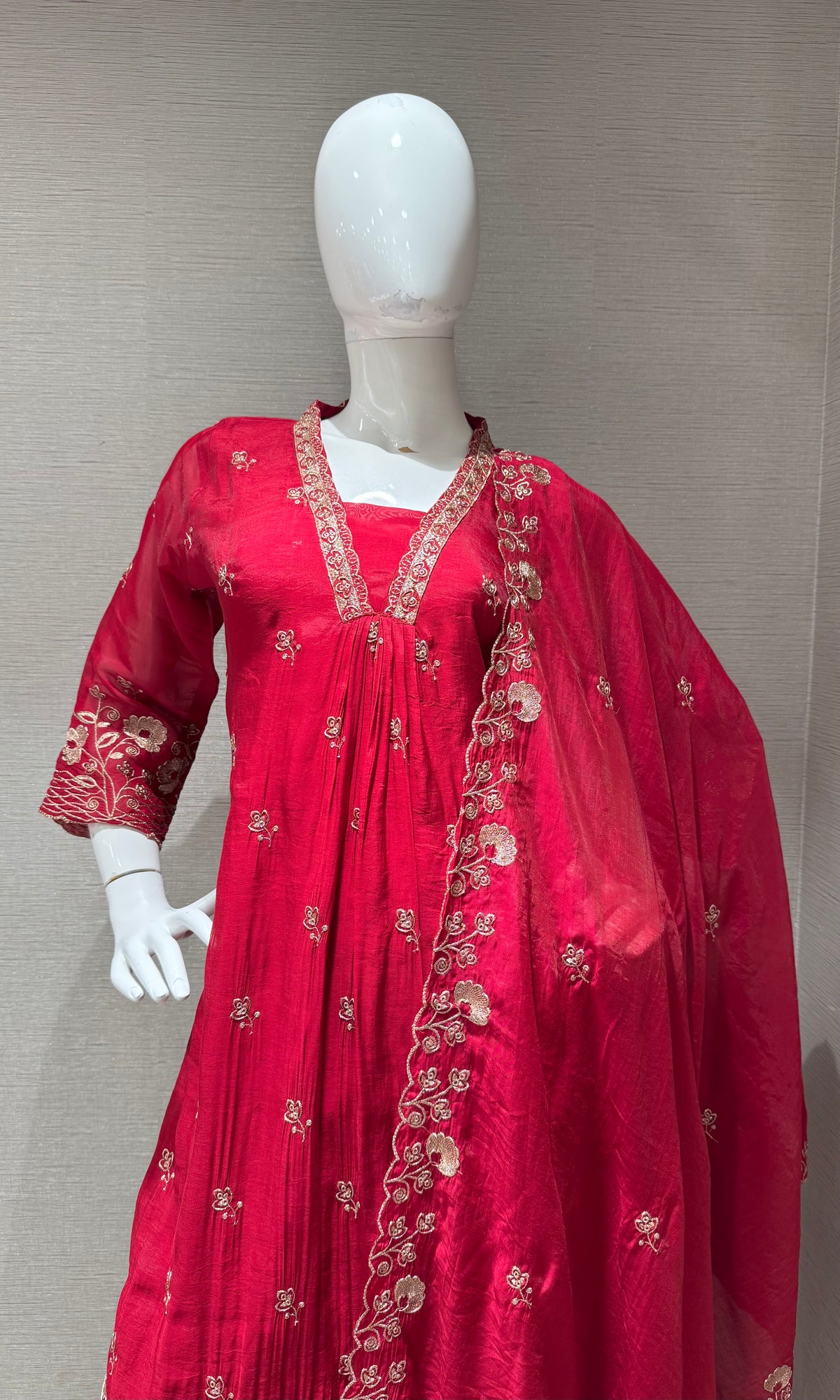 Maroon golden floral a line kurta set with dupatta