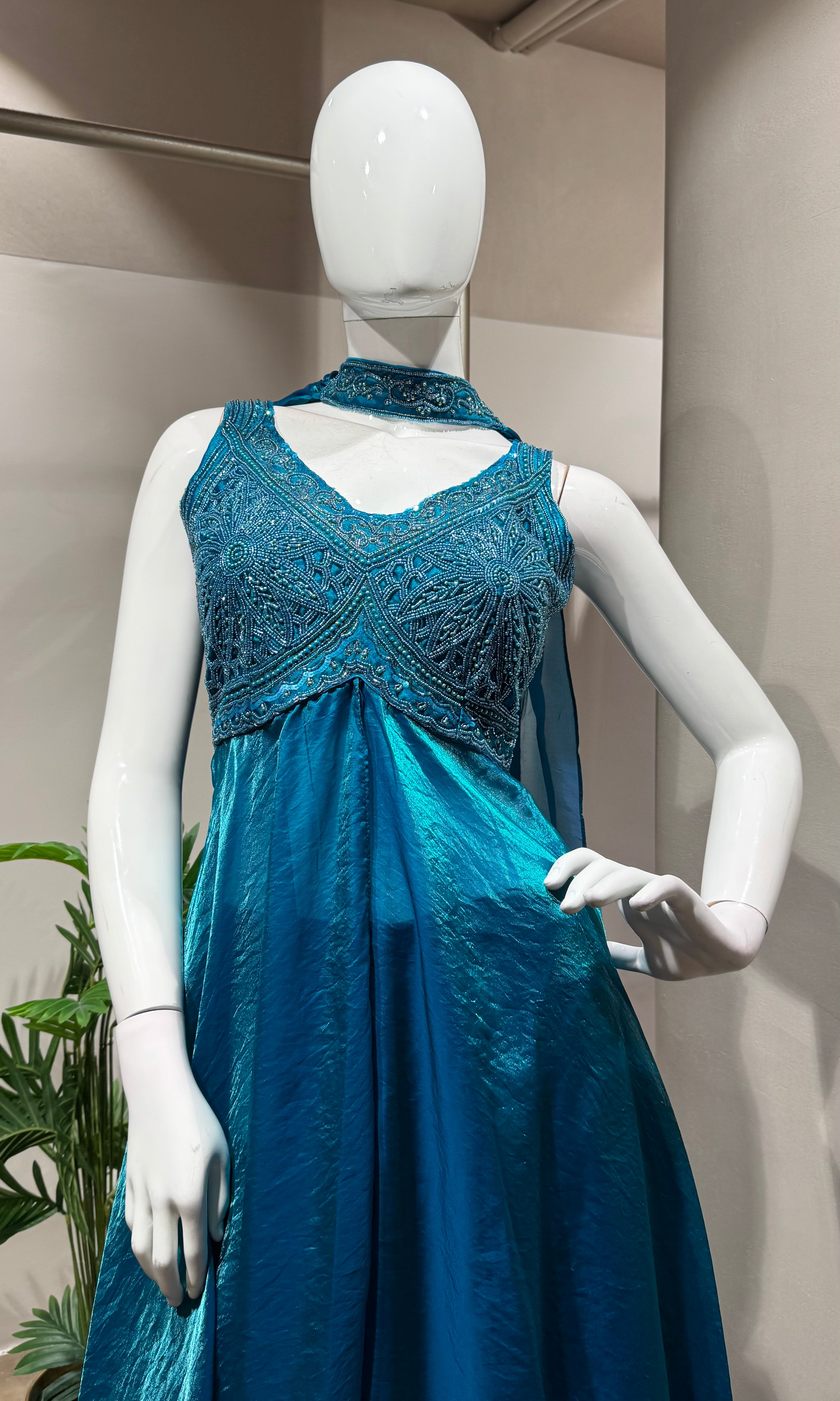 RAMA BLUE A LINE SHIMMER TISSUE PALAZZO SET