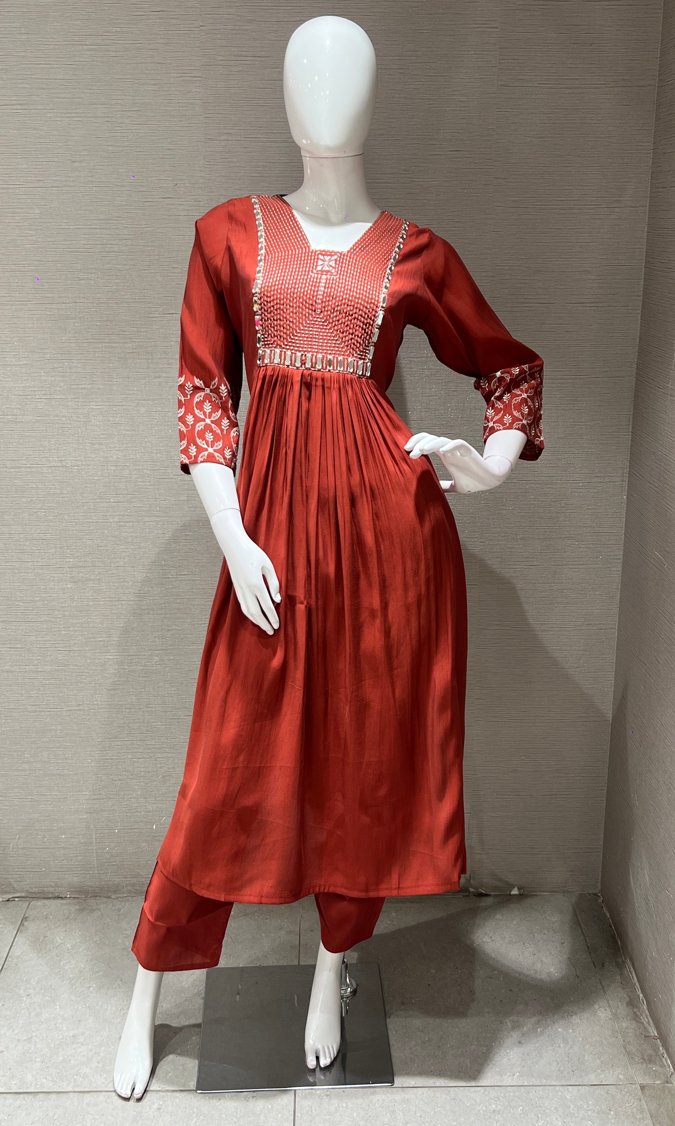 Rust Embroidered Kurta Set with Print Dupatta