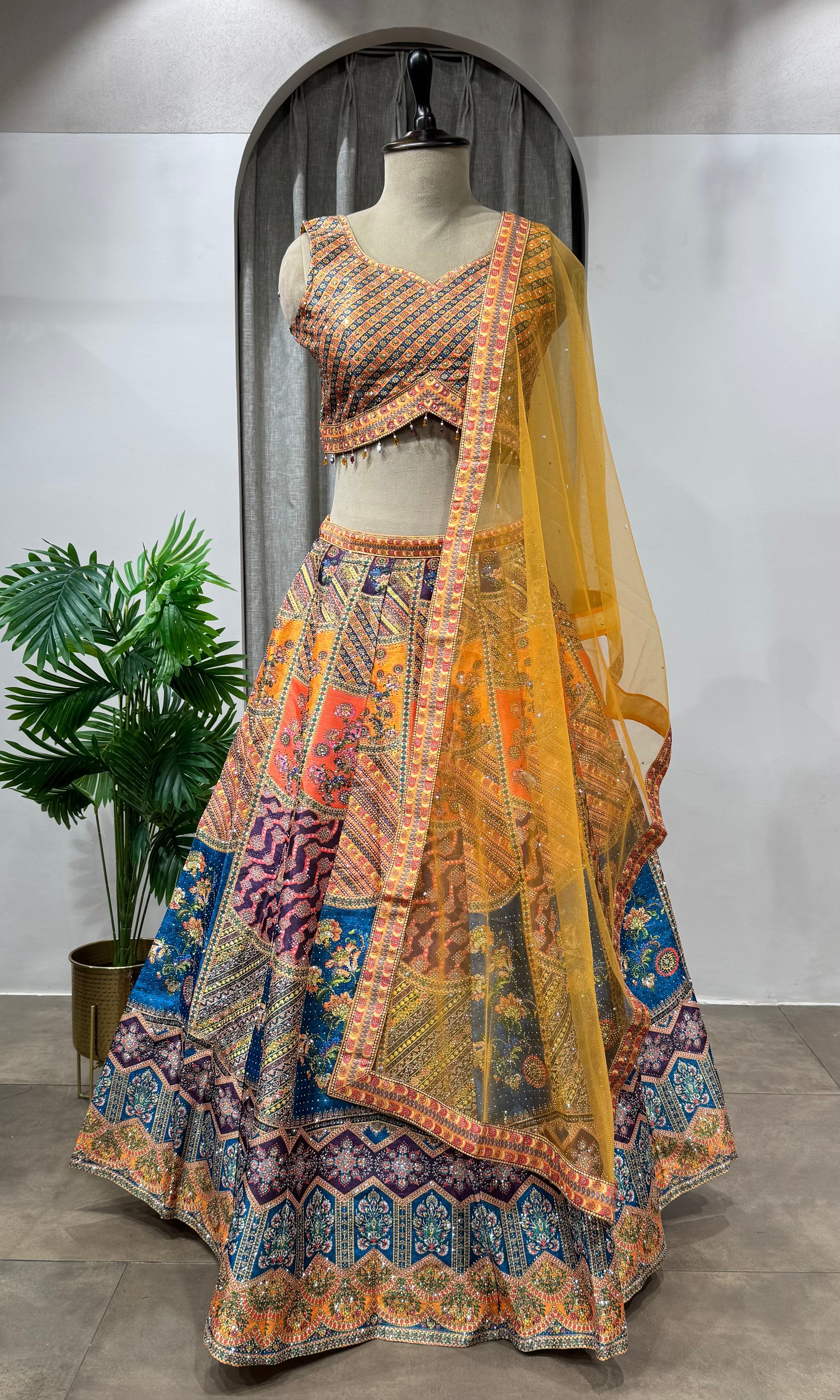Yellow Multicolor Silk Embroidery Lehenga