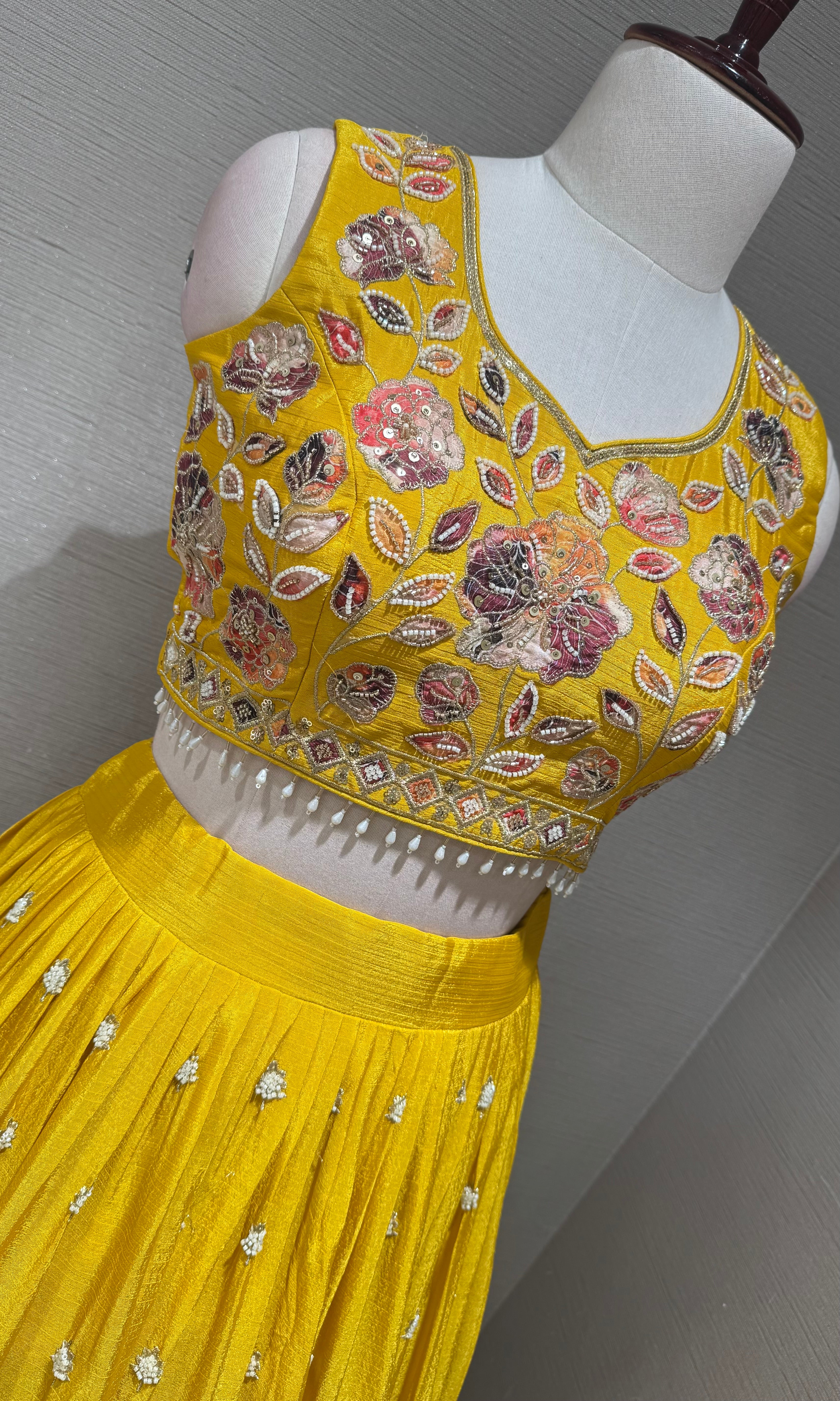 yellow Tissue silk Multi Floral Crop Top Lehenga set