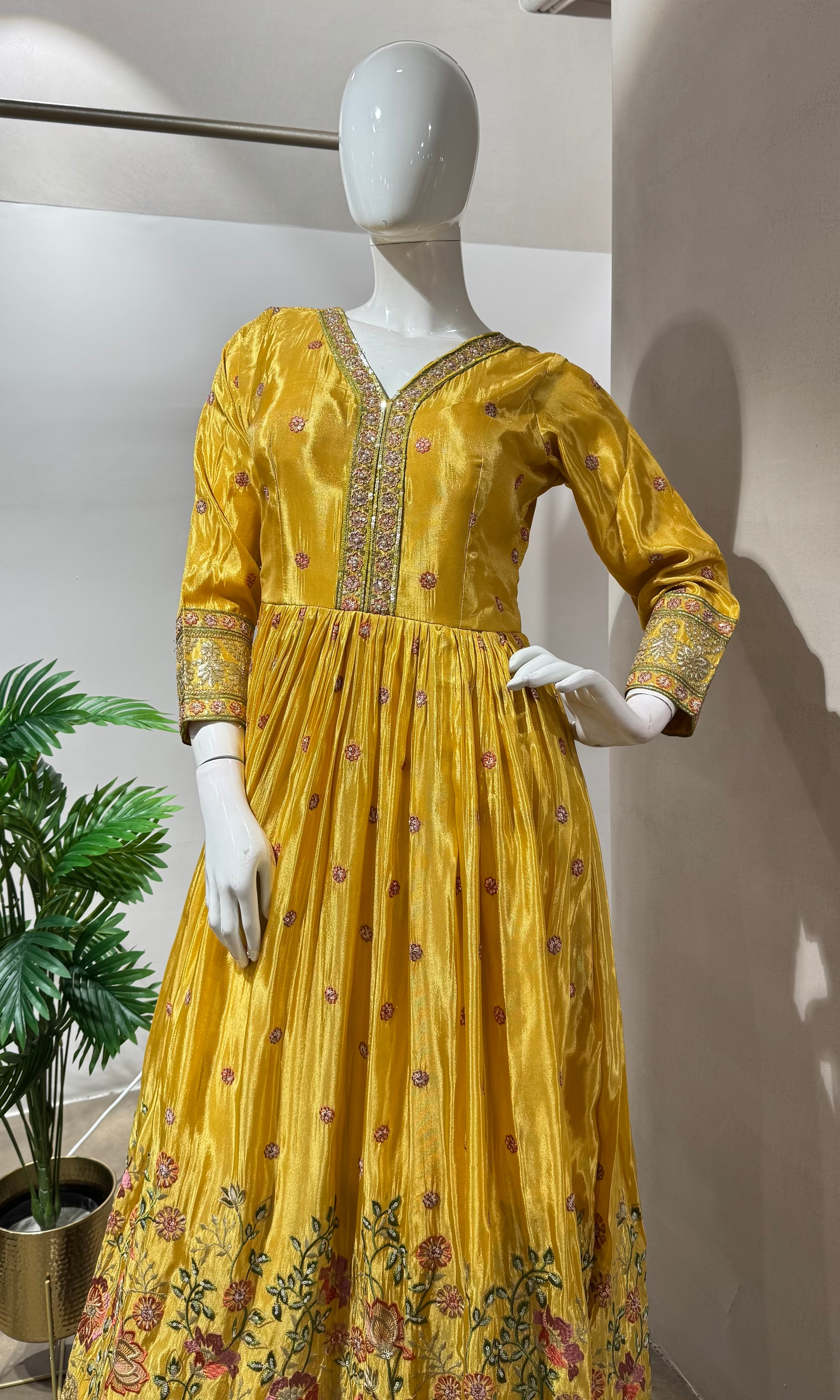 YELLOW SHIMMER TISSUE EMBROIDERY ANARAKALI