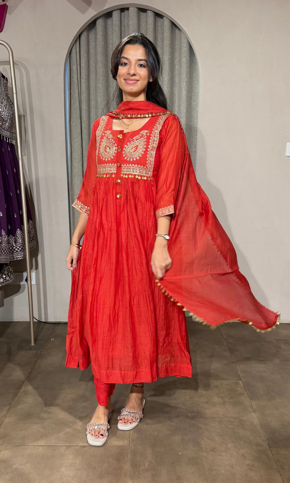 RUST MUL CHANDERI KURTA SET WITH DUPATTA