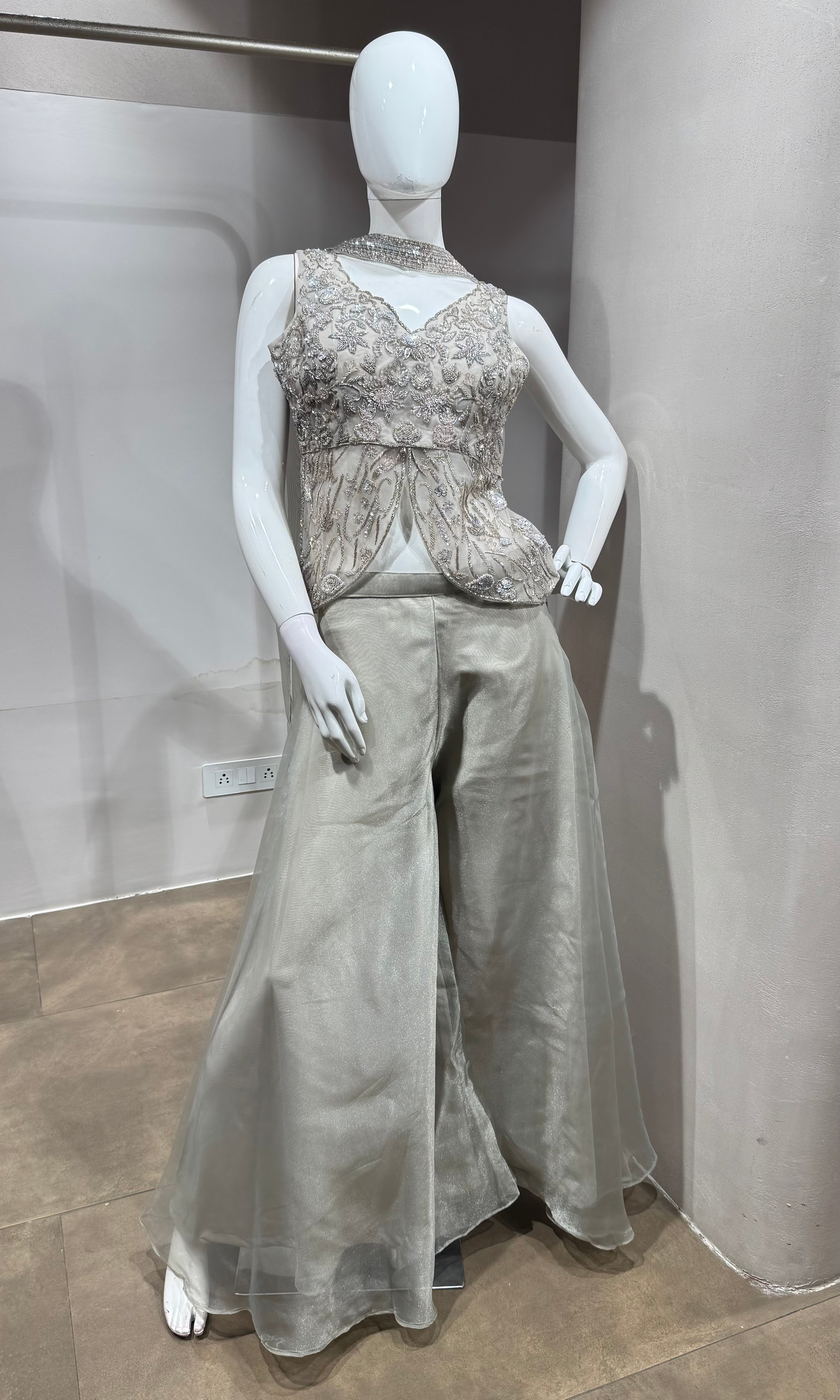 Metallic Grey Embellished Peplum & Flared Palazzo Set