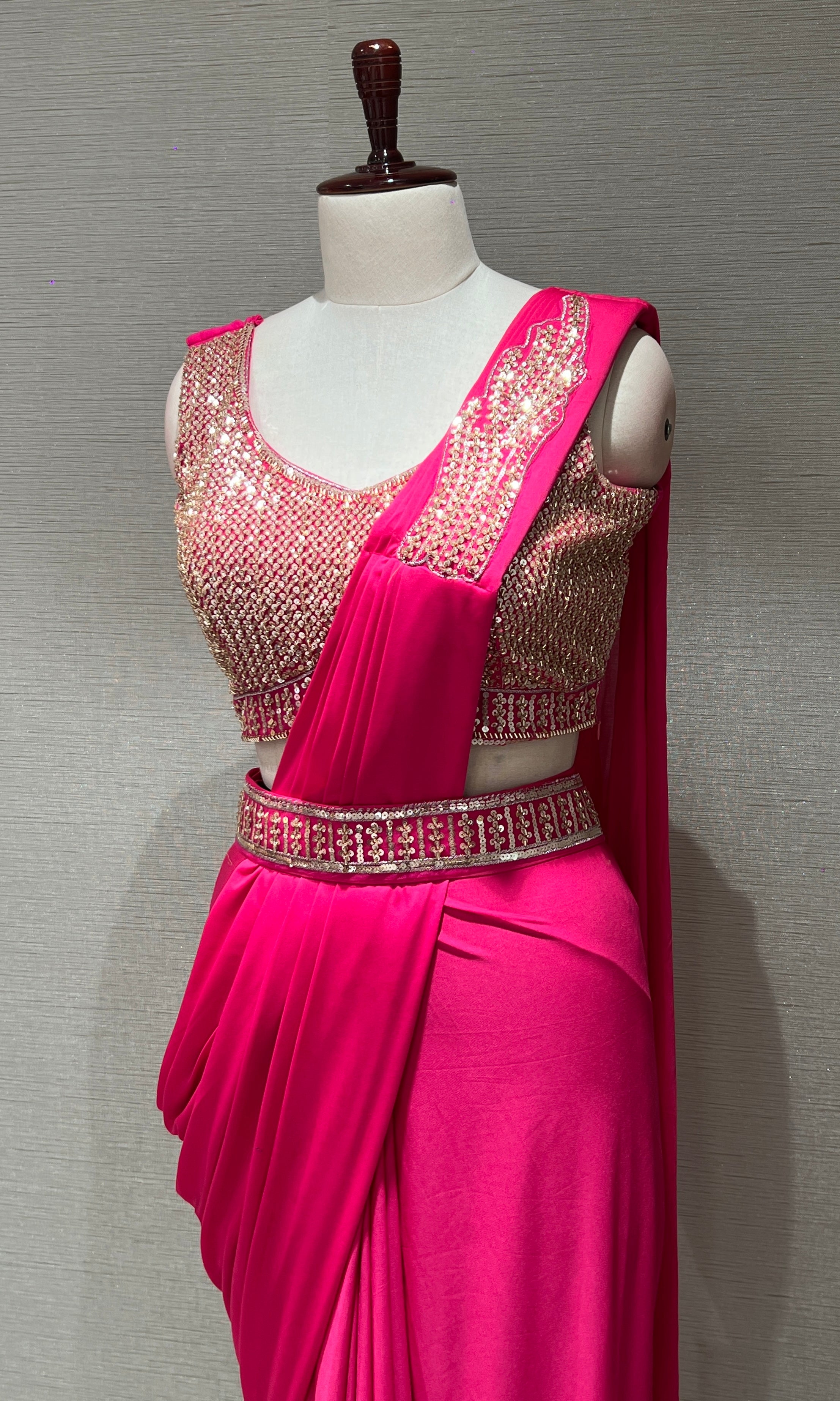 pink drape saree with embroiderY blouse & belt