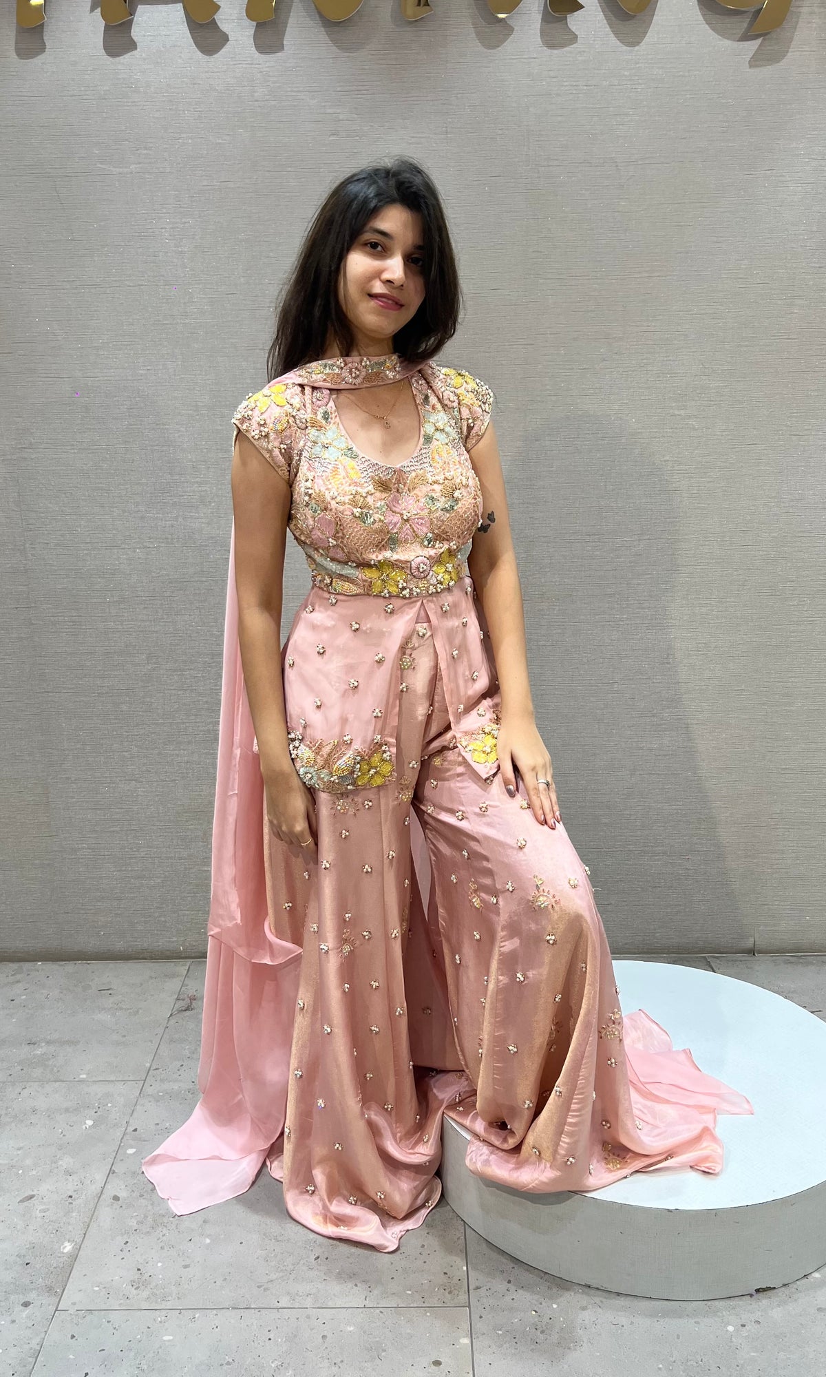 Blush Pink Satin Floral Embroidered Palazzo Set