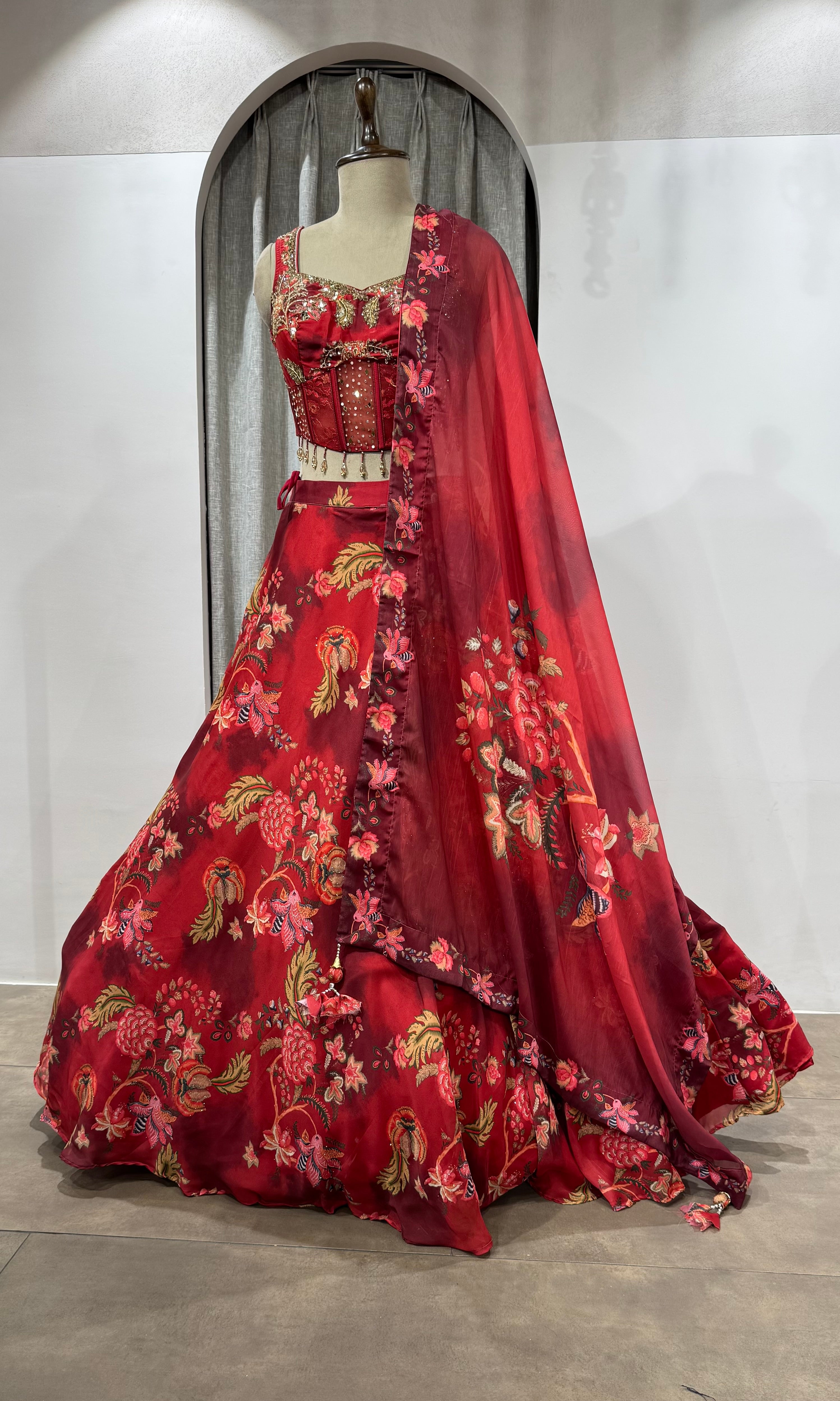 Red Indian Organza Printed Lehenga Set