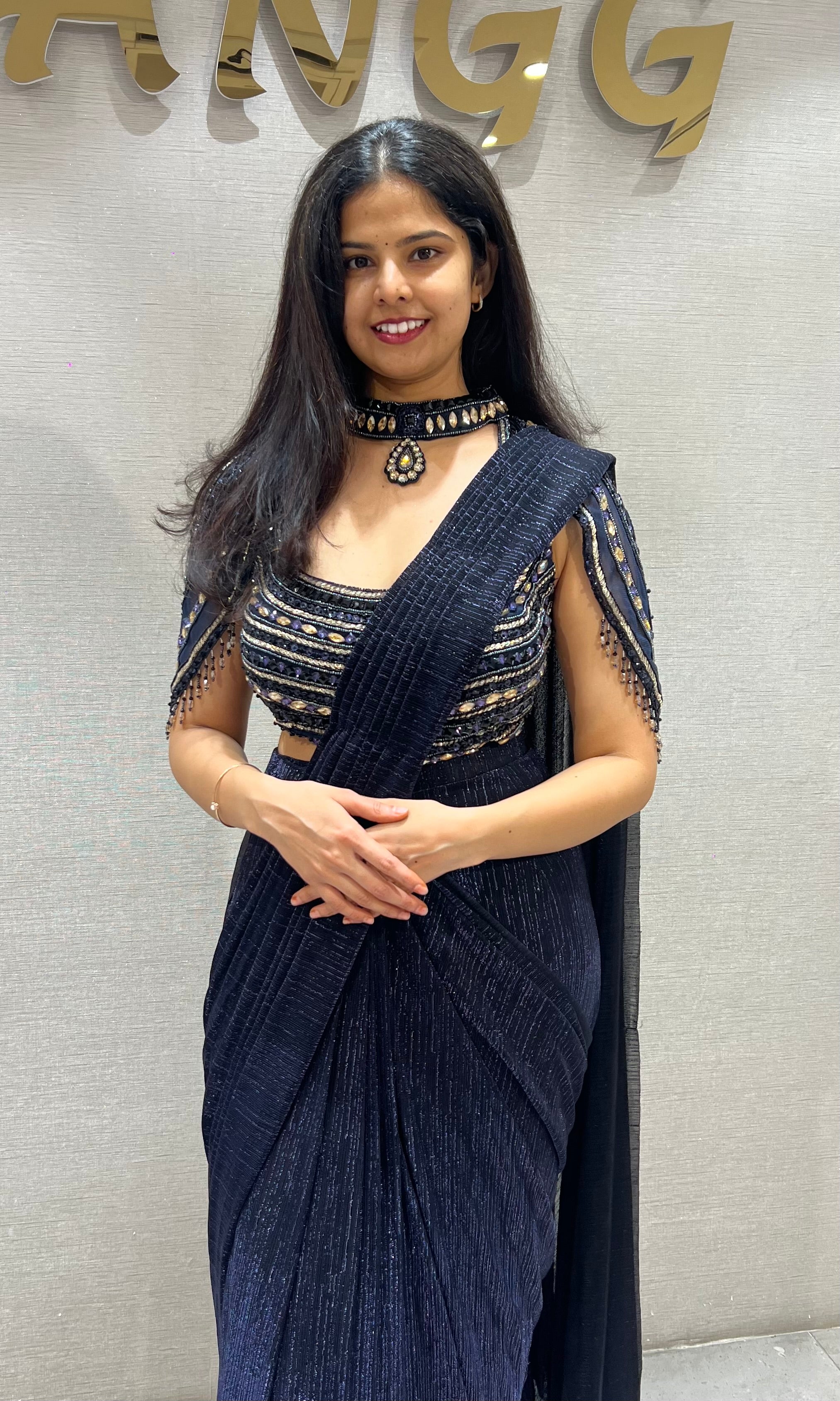 Blue Shimmer Drape Saree with Embroidered Blouse