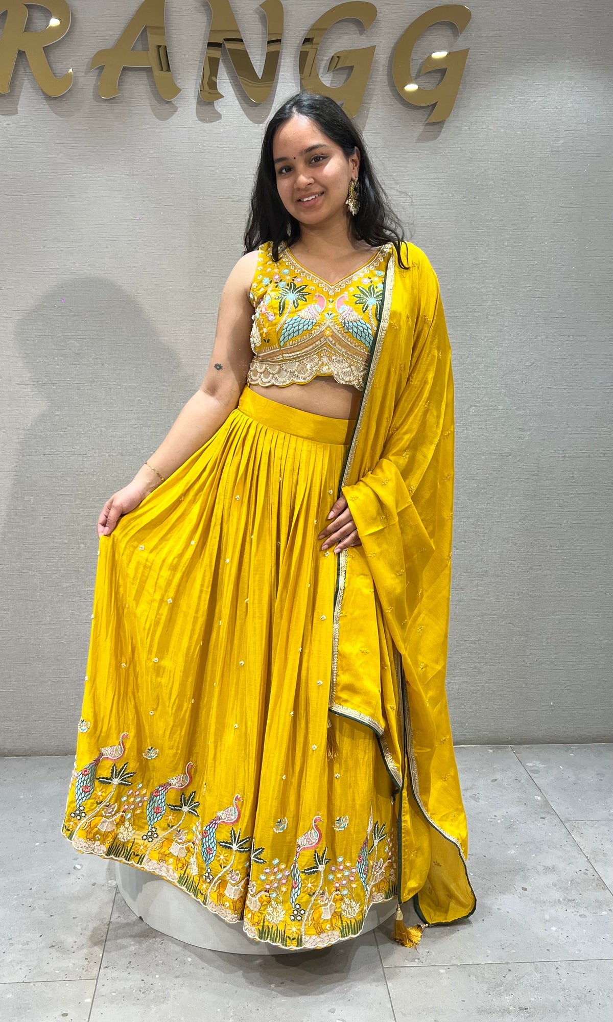 Yellow Tissue silk Lehenga with Peacock & Floral Embroidery