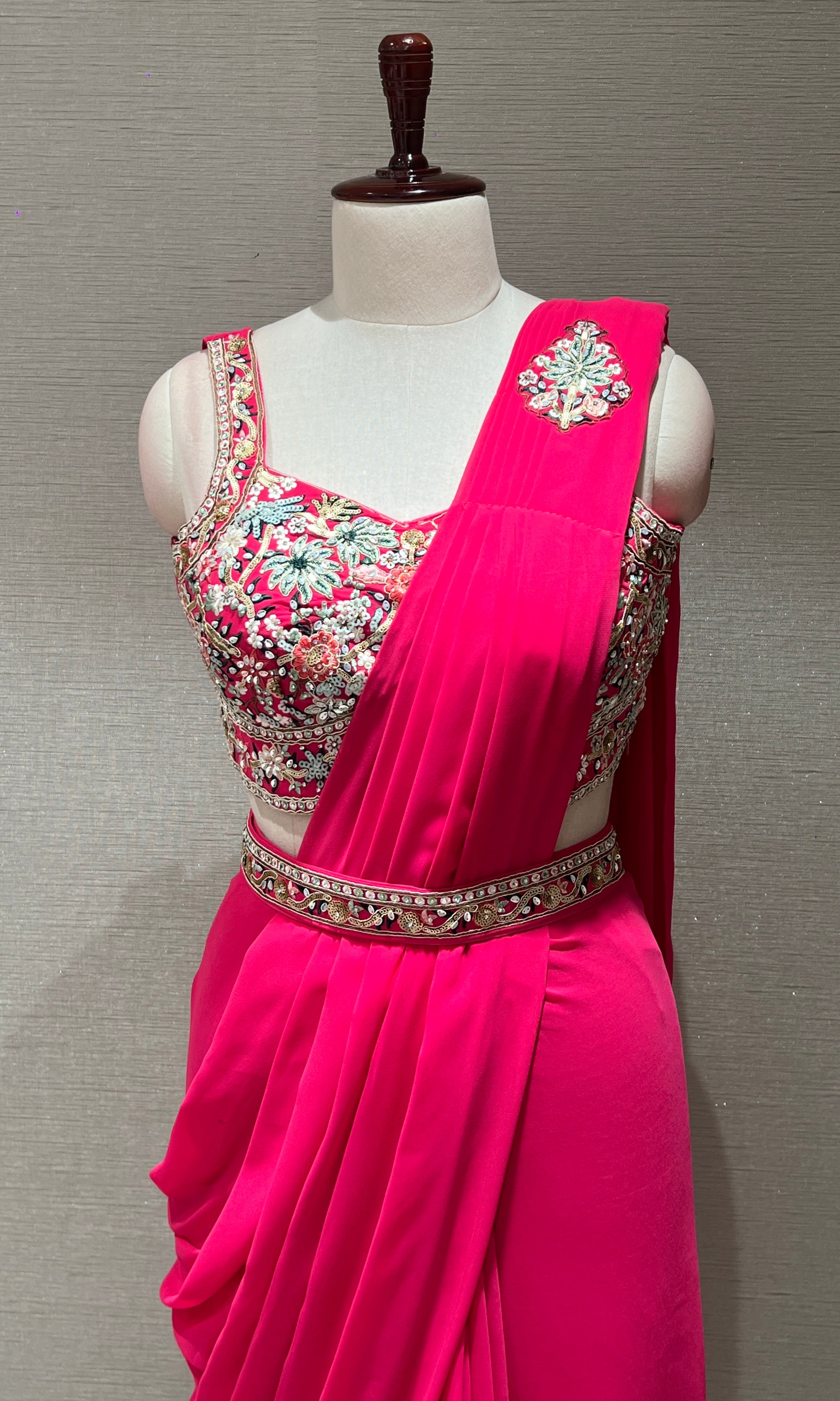 Pink drape saree WITH FLORAL BLOUSE