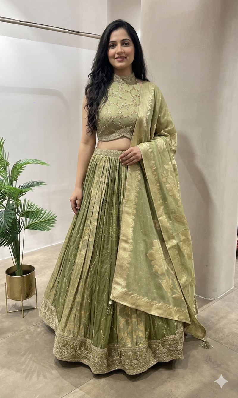 Green GOLDEN LEHENGA WITH HALTER NECK