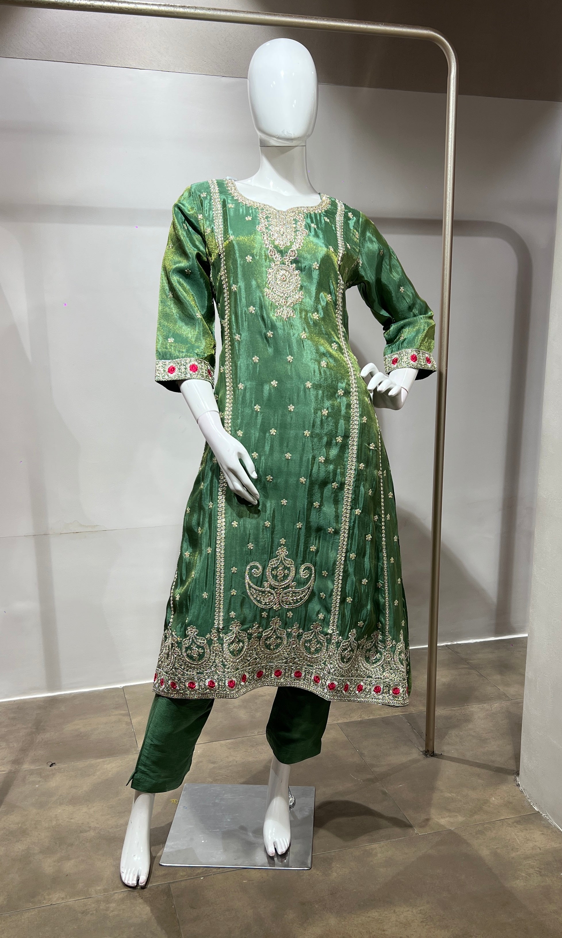 Green Silk Embroidered Kurta Suit with Dupatta