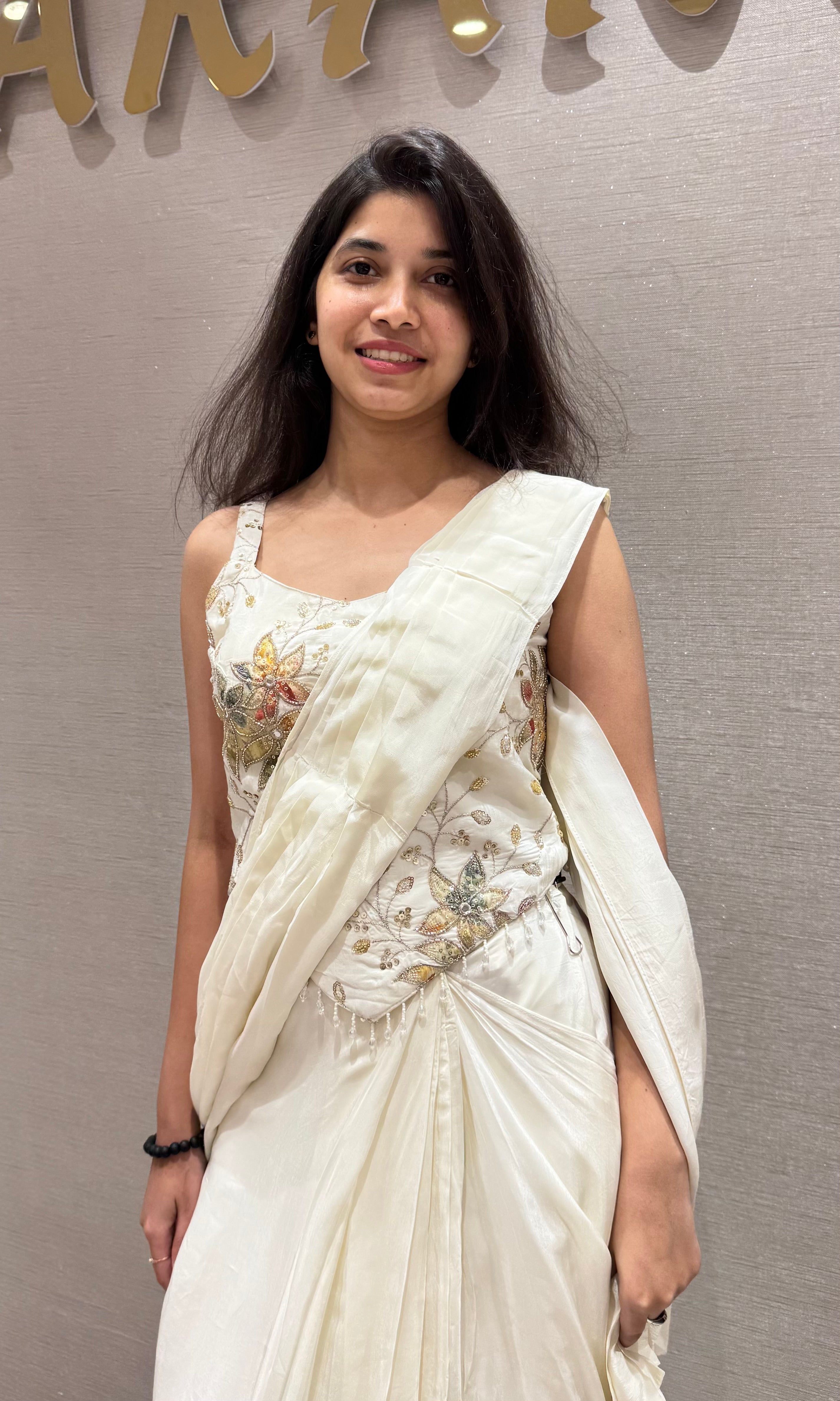 Cream drape saree WITH FLORAL BLOUSE