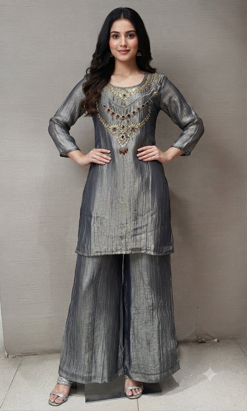 Grey Shimmer Cord Palazzo Set