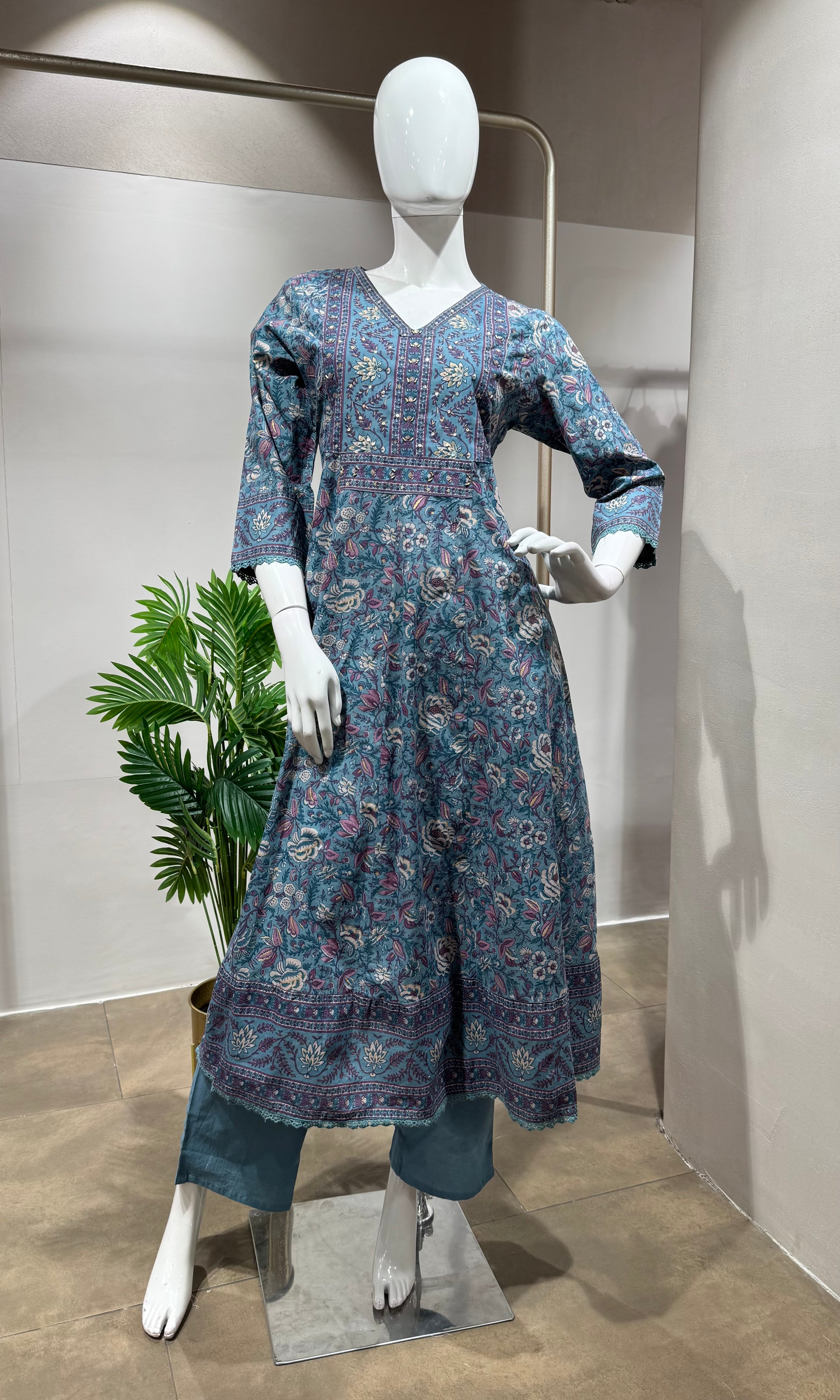 Blue Printed Pure Cotton Anarkali Kurta Set