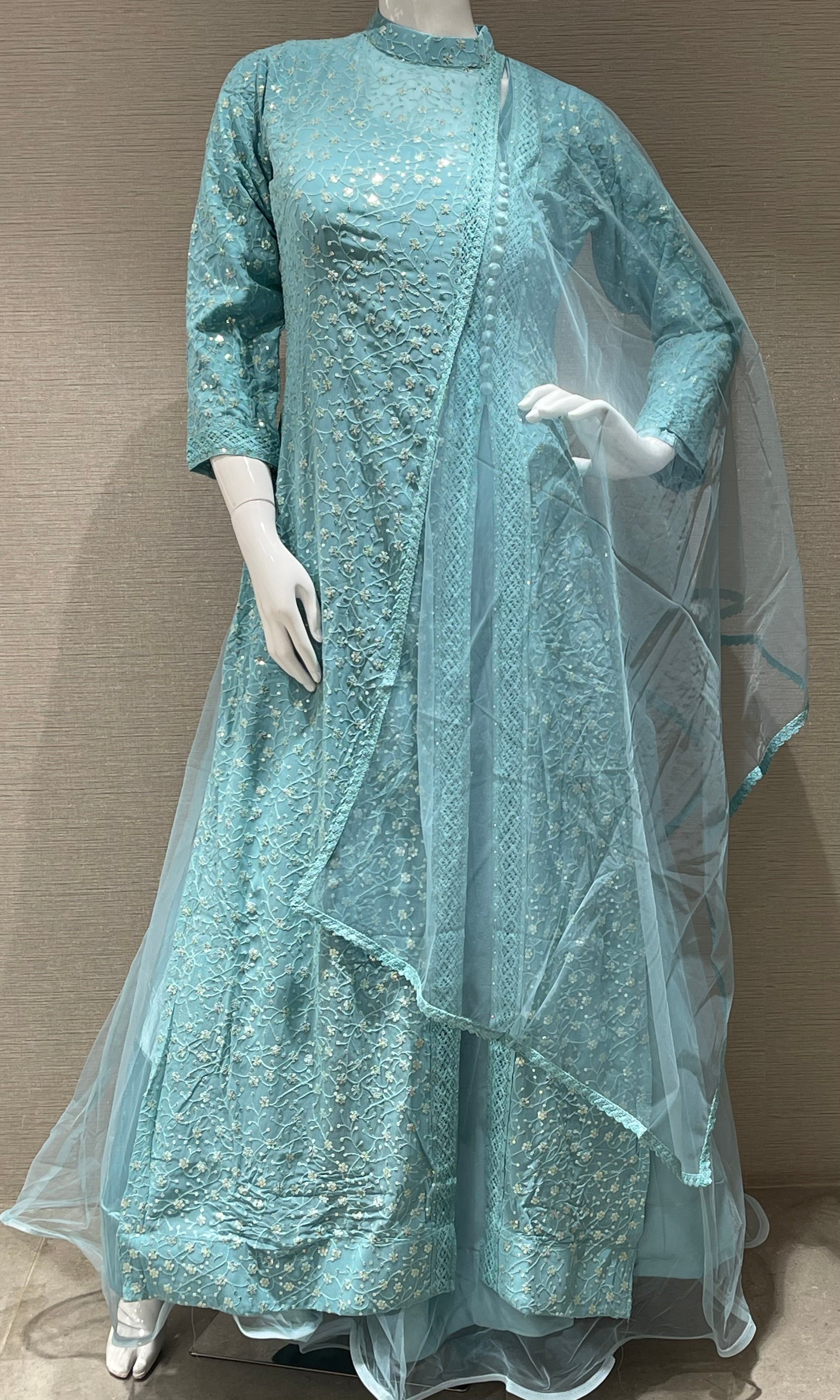 Sky blue color Indo Western gown – Panache Haute Couture