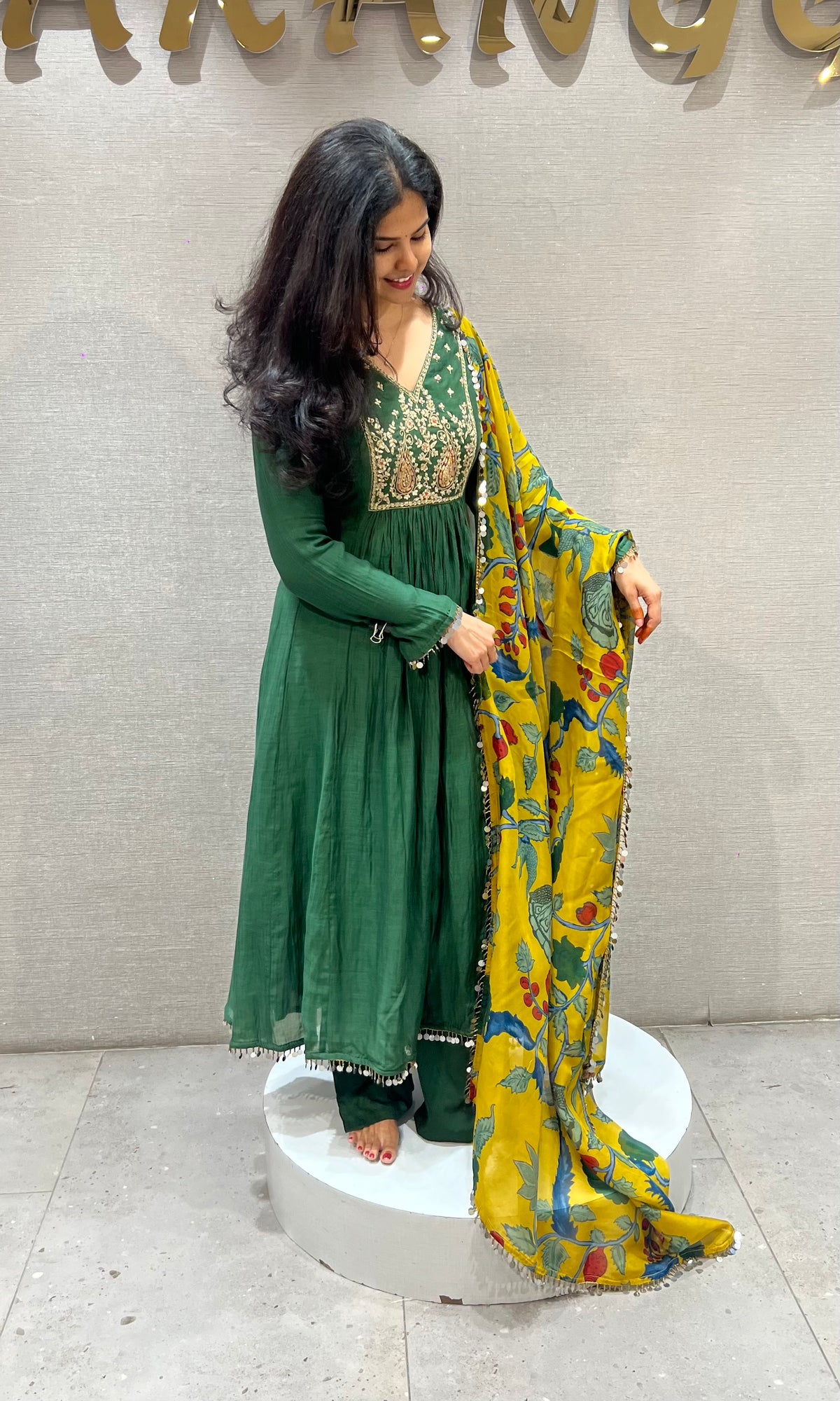 Green mul chanderi Kurta Set with Floral Dupatta