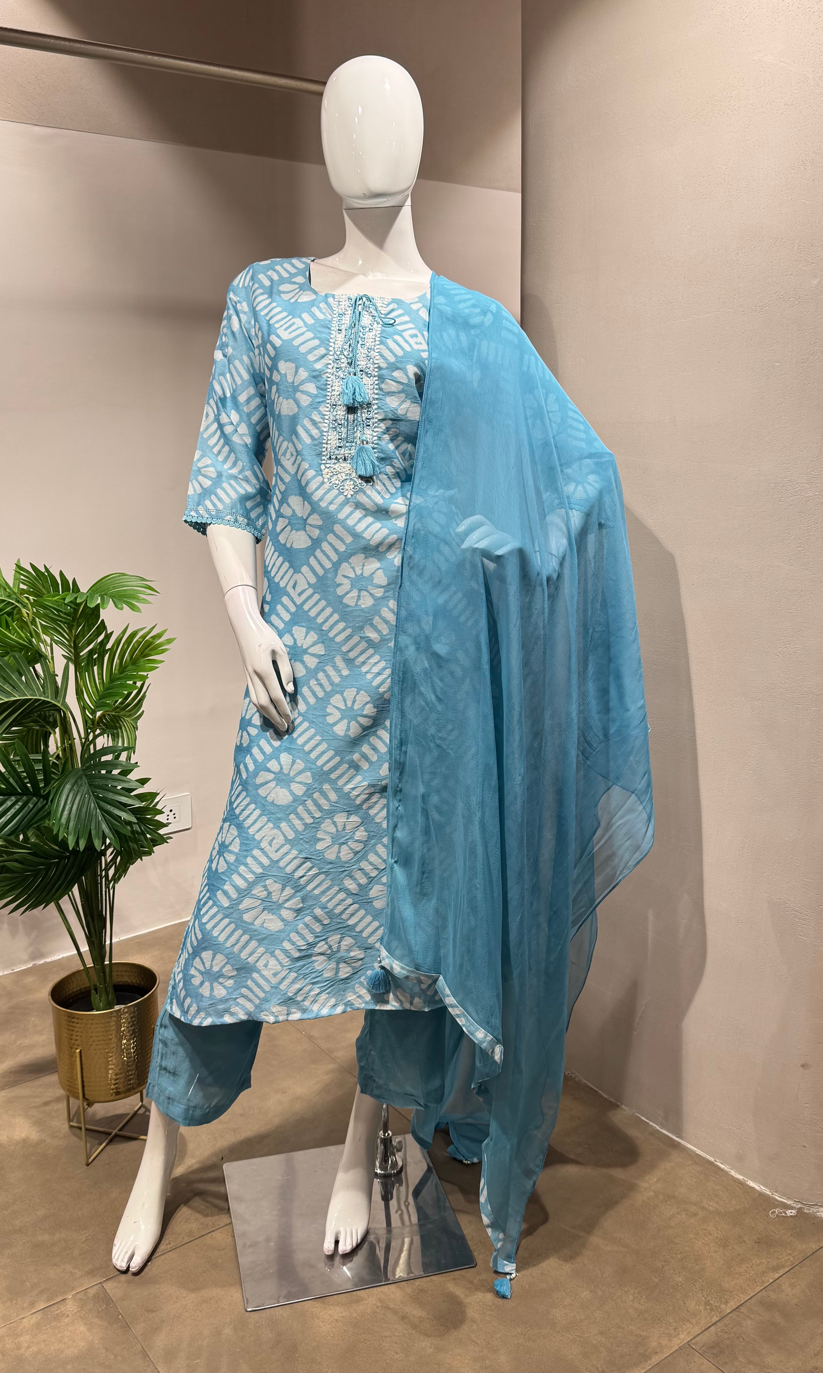 BLUE PRINTED EMBROIDERED KURTA SET