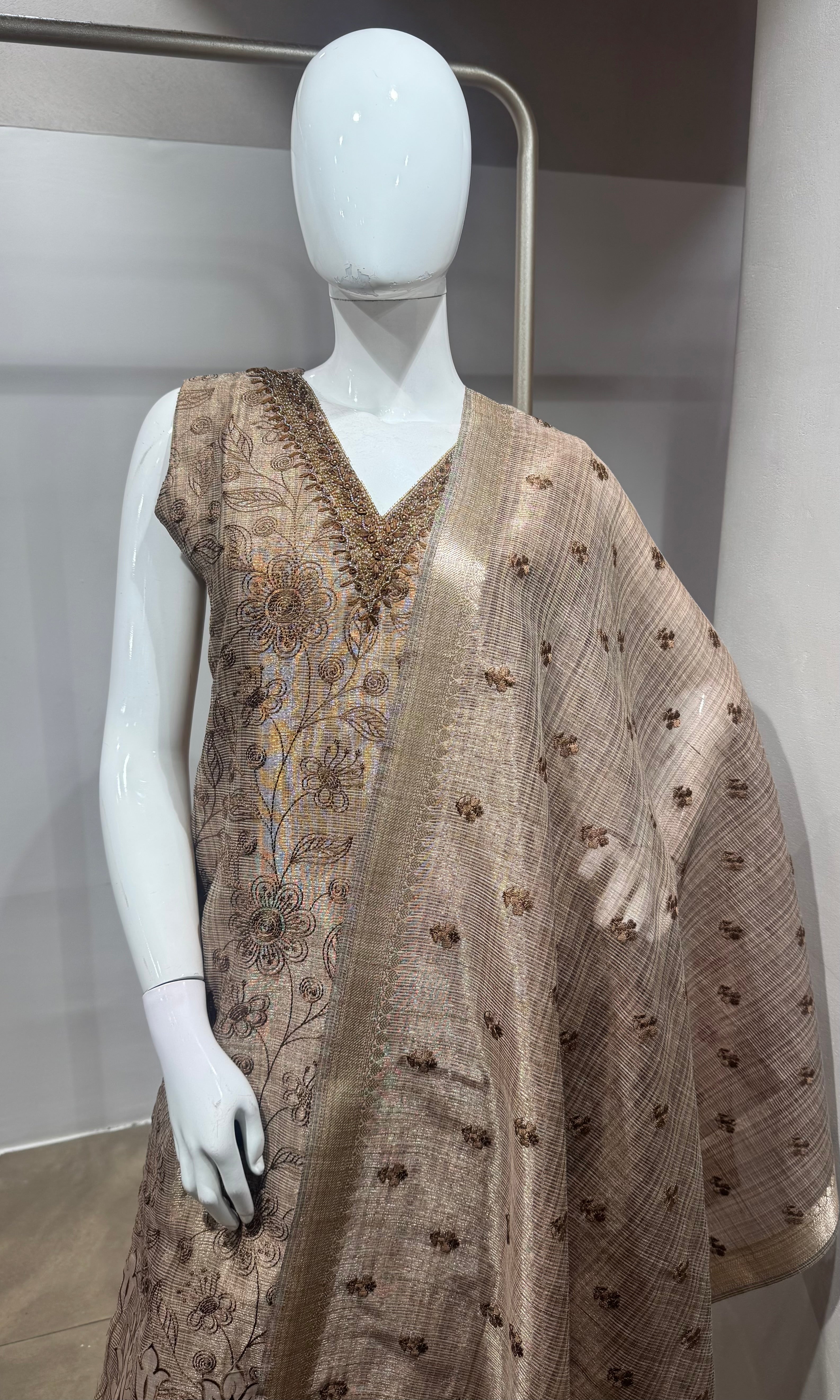 Brown Embroidered Net Salwar Kurta set