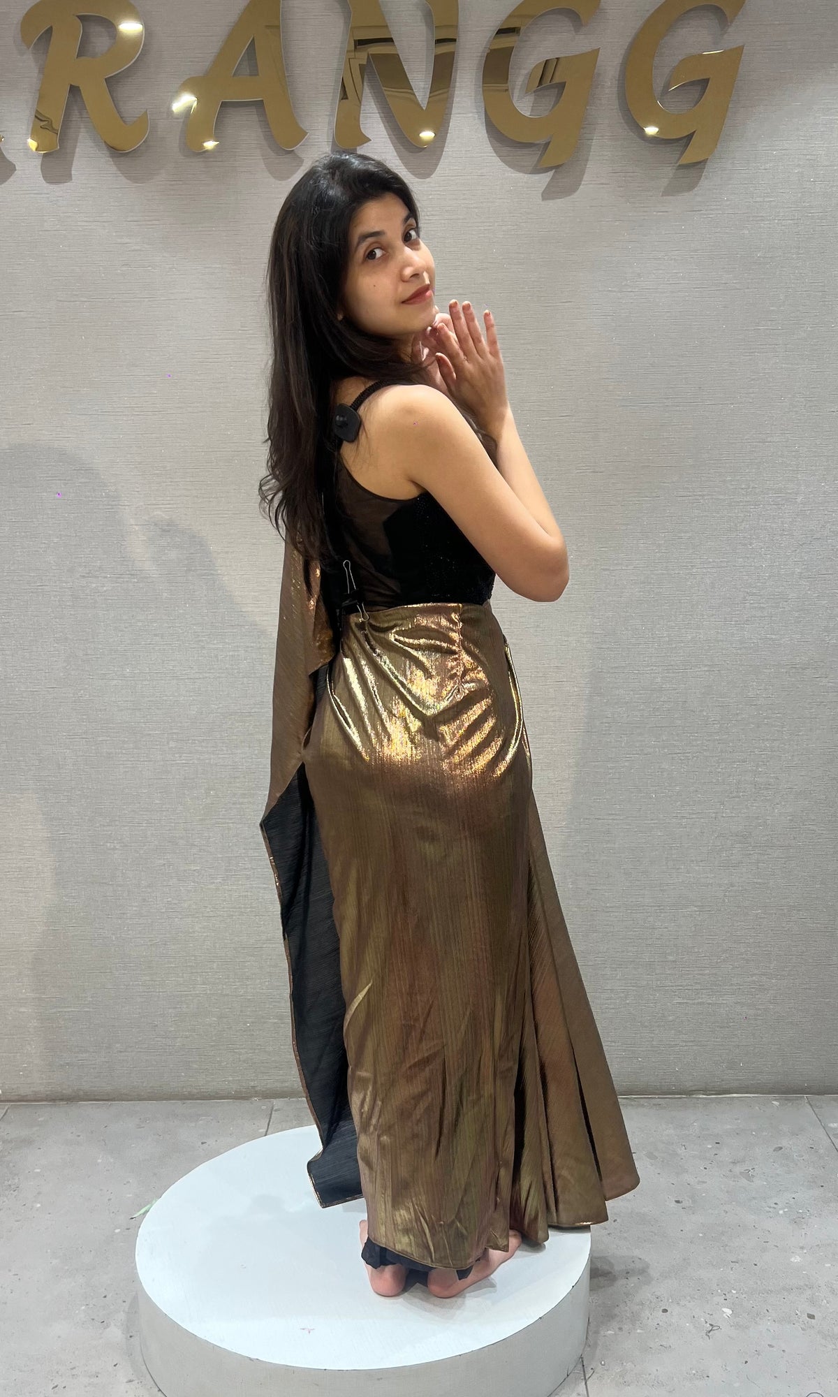 Metallic Brown Pleated Saree with Embroidered Black Blouse